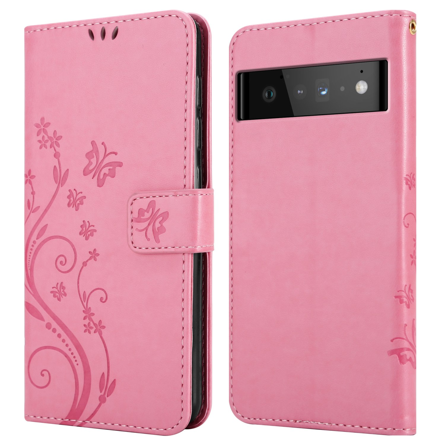 Una custodia a portafoglio rosa, chiusa, con un design floreale e accenti di farfalle. La custodia è aperta.