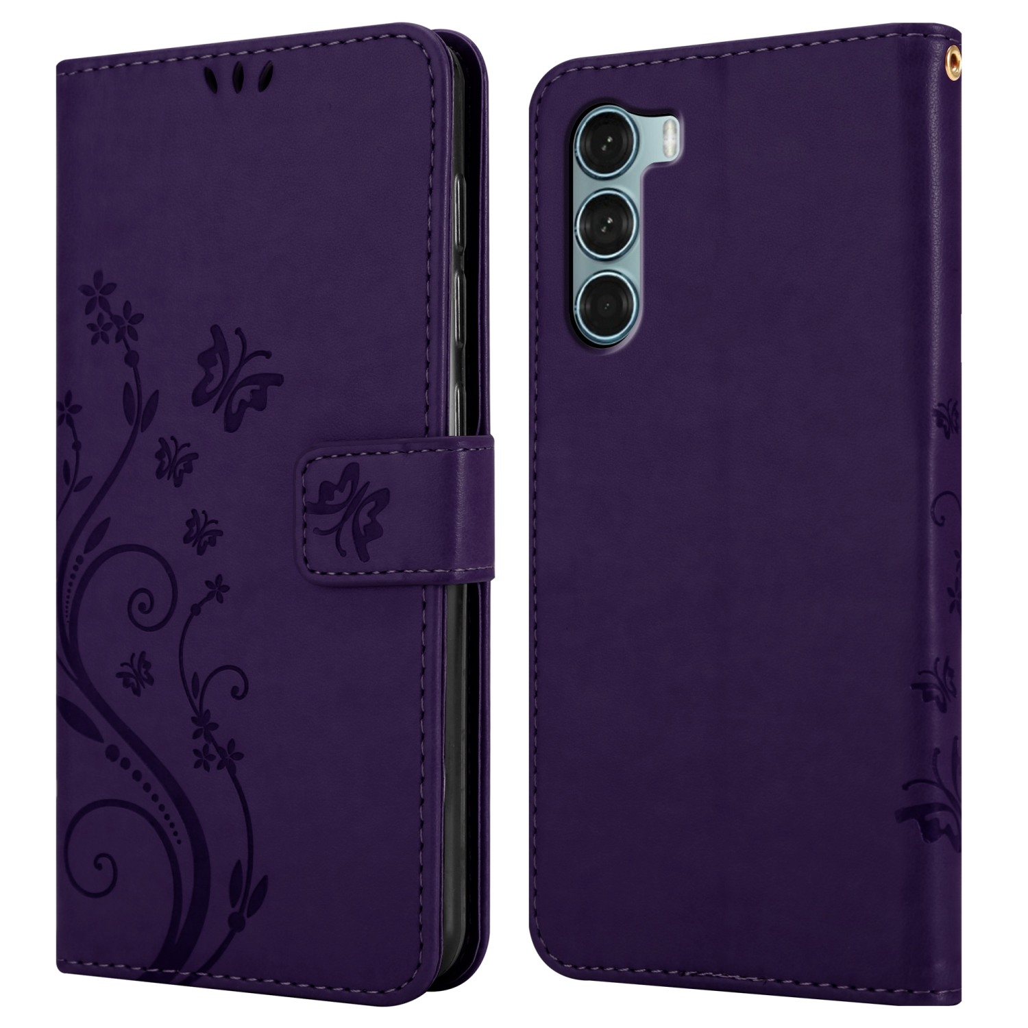 Custodia per telefono viola, aperta e chiusa. Design floreale sul davanti e tripla fotocamera sul retro.
