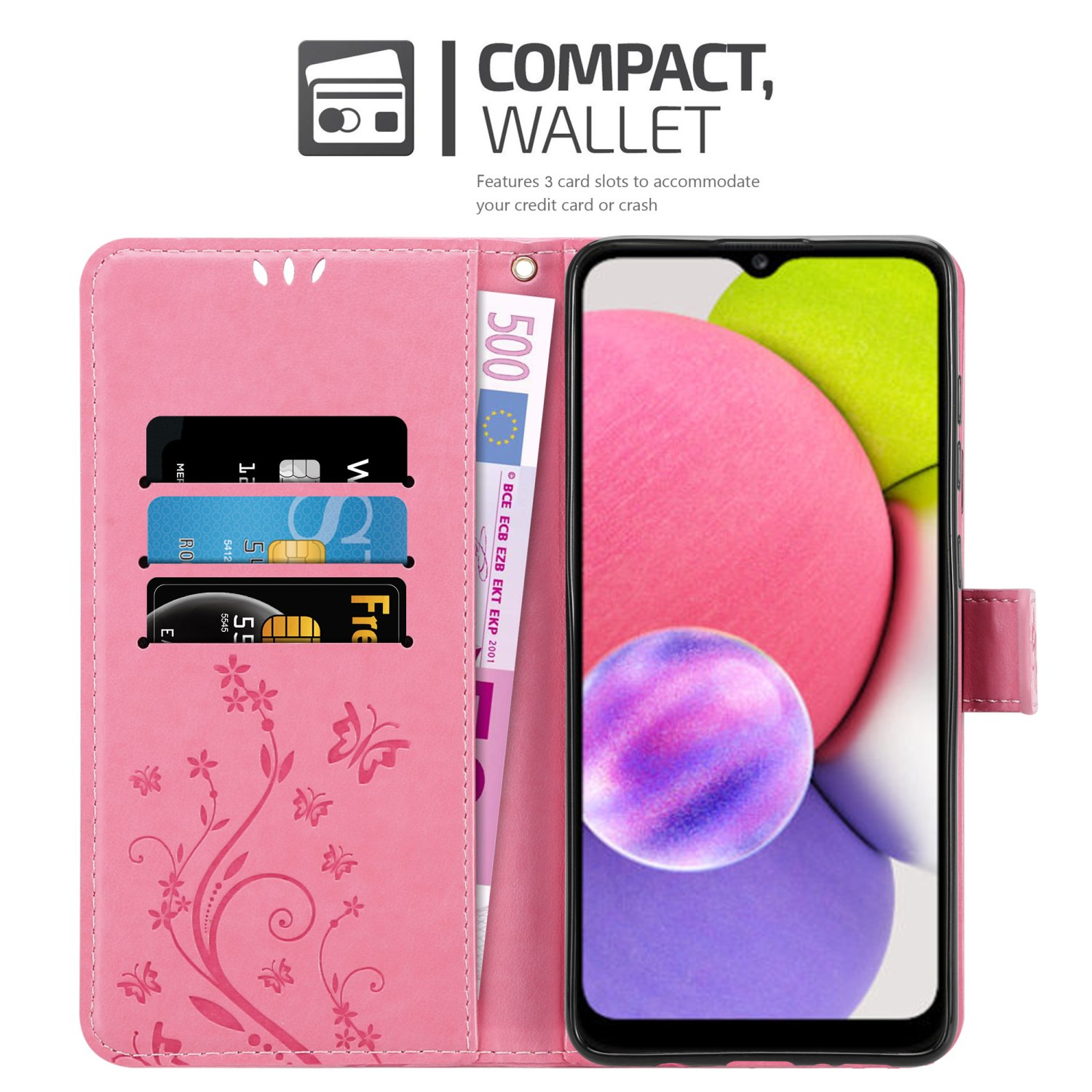 Custodia per telefono rosa, stile portafoglio, aperta, con telefono, carte e denaro. Motivo floreale rosa.