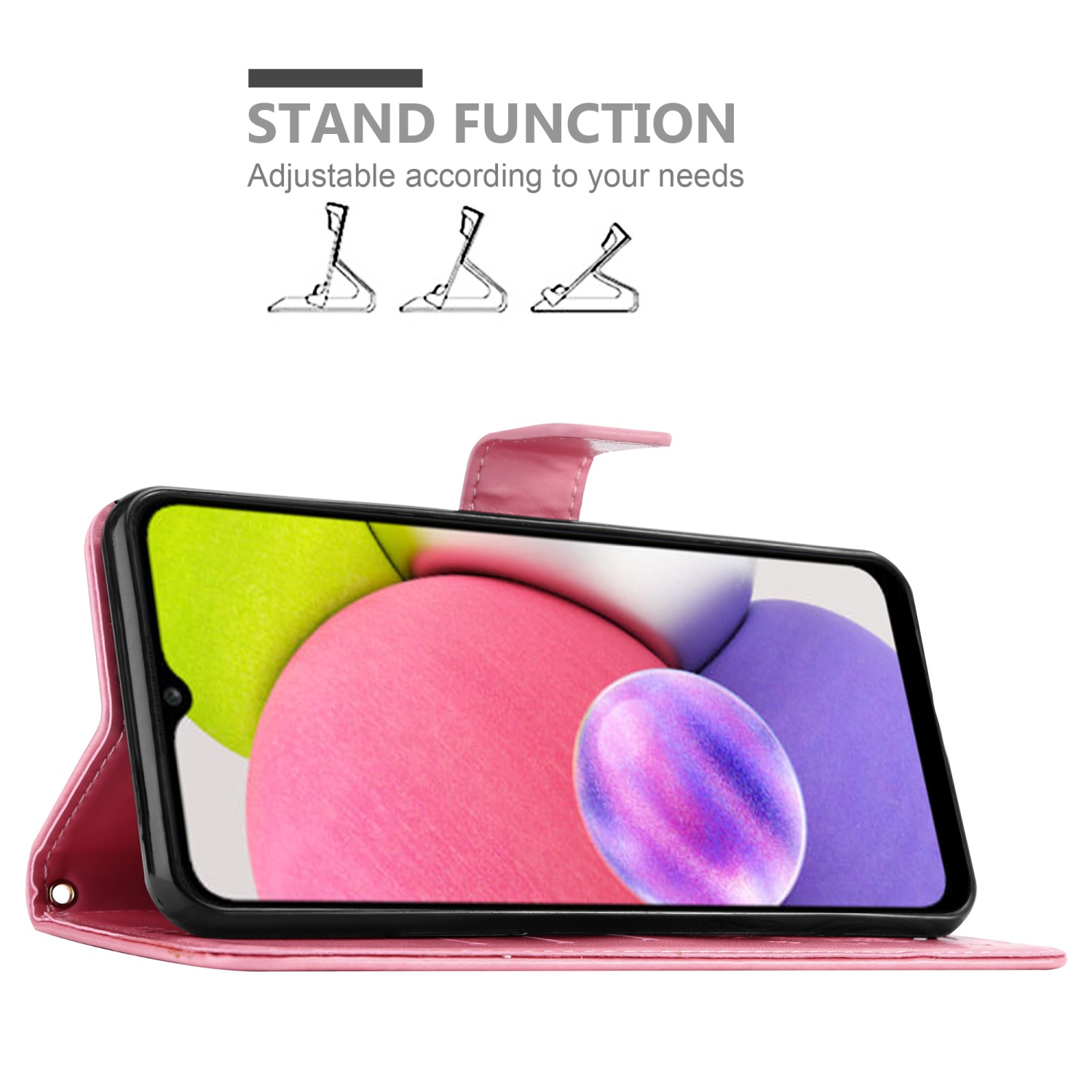 Una custodia per telefono rosa con funzione stand. Lo schermo mostra un design astratto vibrante.
