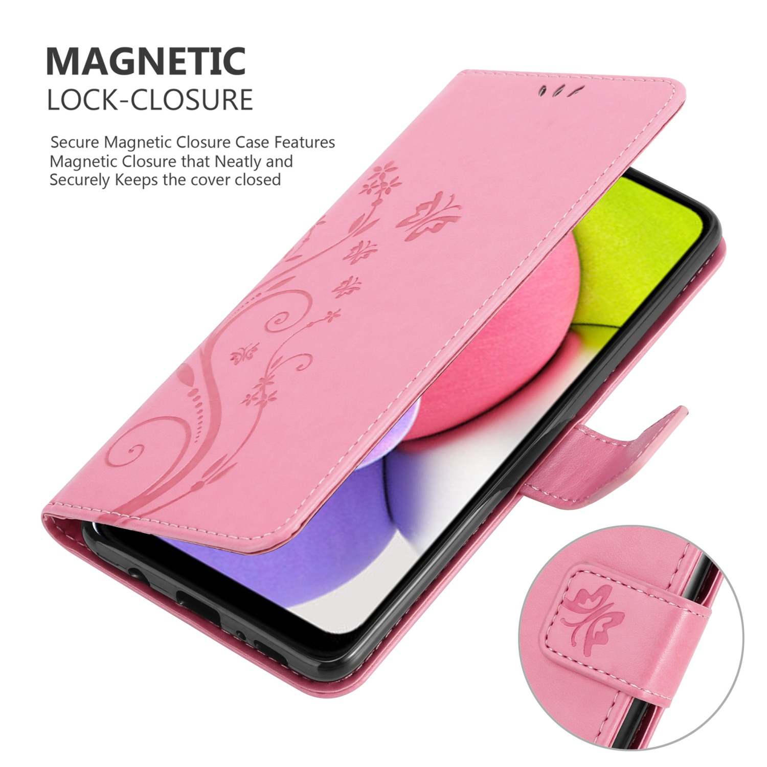 Custodia rosa, aperta che mostra un telefono. Design floreale sulla cover.