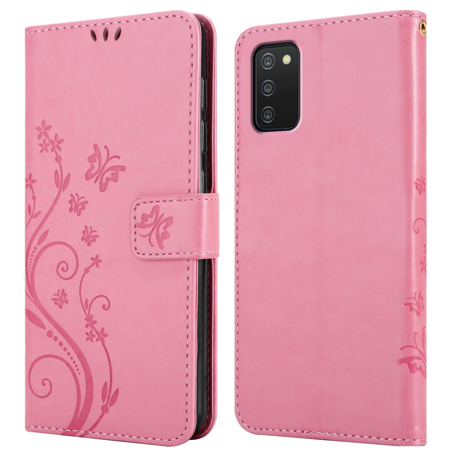 Custodia rosa aperta. Ha un design a farfalla. Il telefono è a destra.