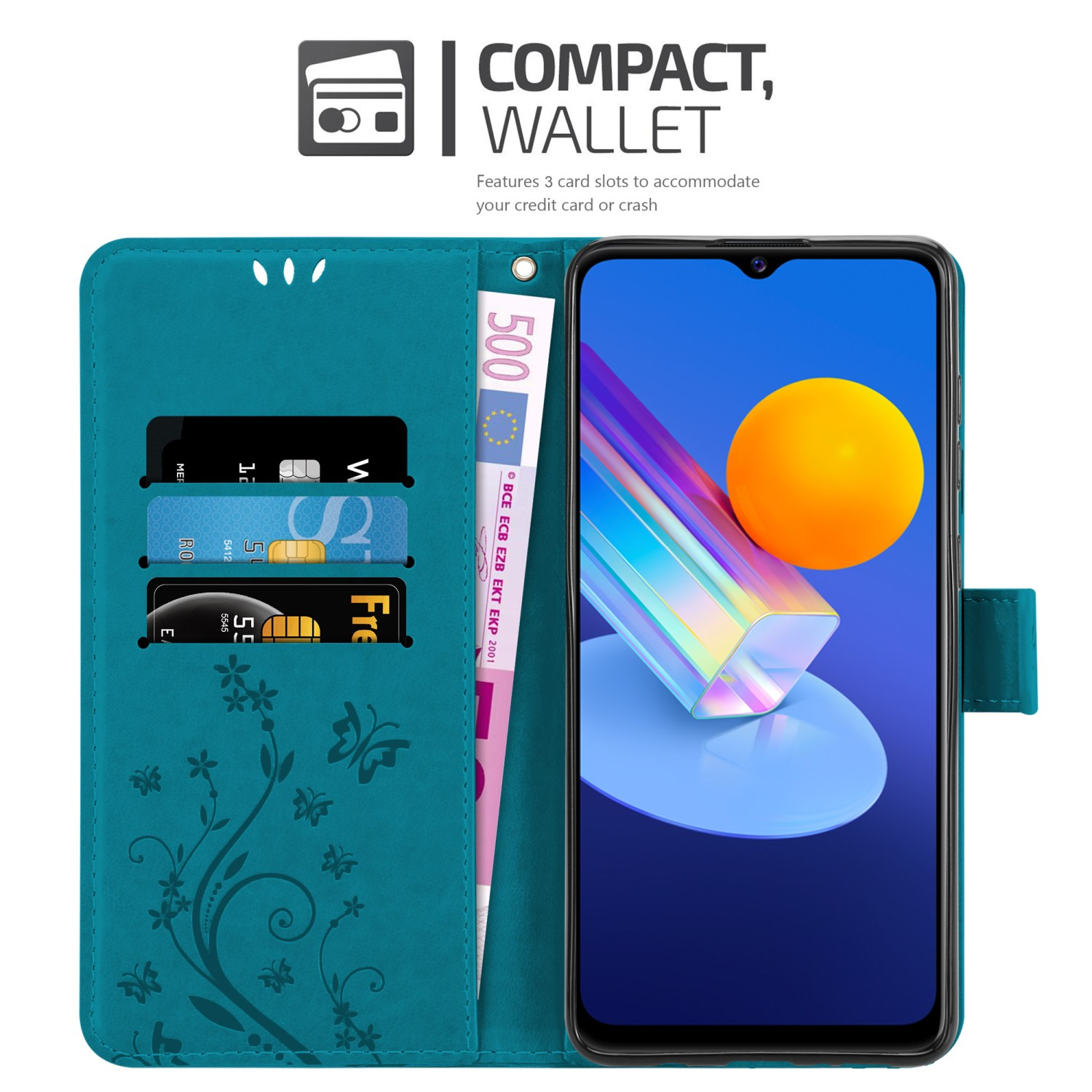 Custodia a portafoglio compatta con telefono, carte di credito e denaro. Esterno turchese con design floreale.