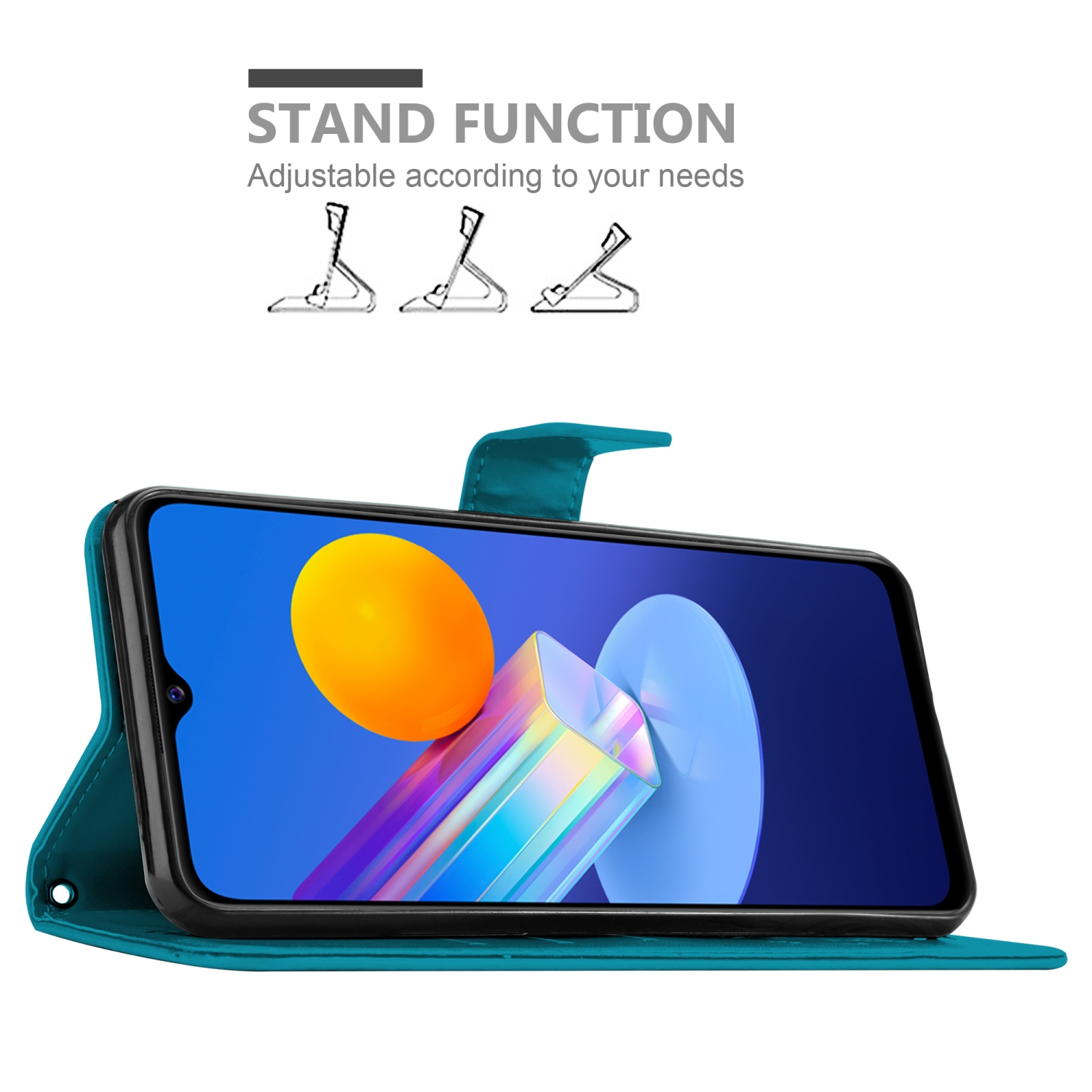 Custodia per telefono verde acqua aperta su uno schermo con un'immagine arancione e blu, con illustrazioni della funzione stand.