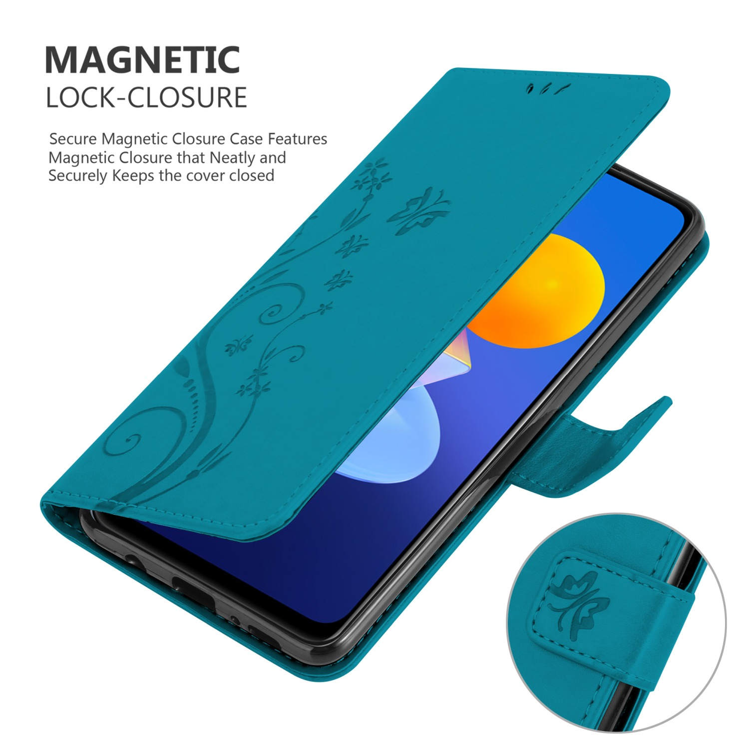 Una custodia per telefono turchese con un design floreale, aperta, che mostra un telefono e una chiusura magnetica.