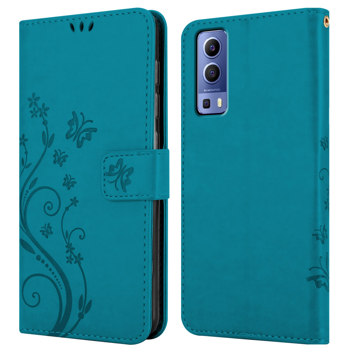 Una custodia per telefono turchese, aperta, che mostra un telefono. La custodia ha un design floreale.