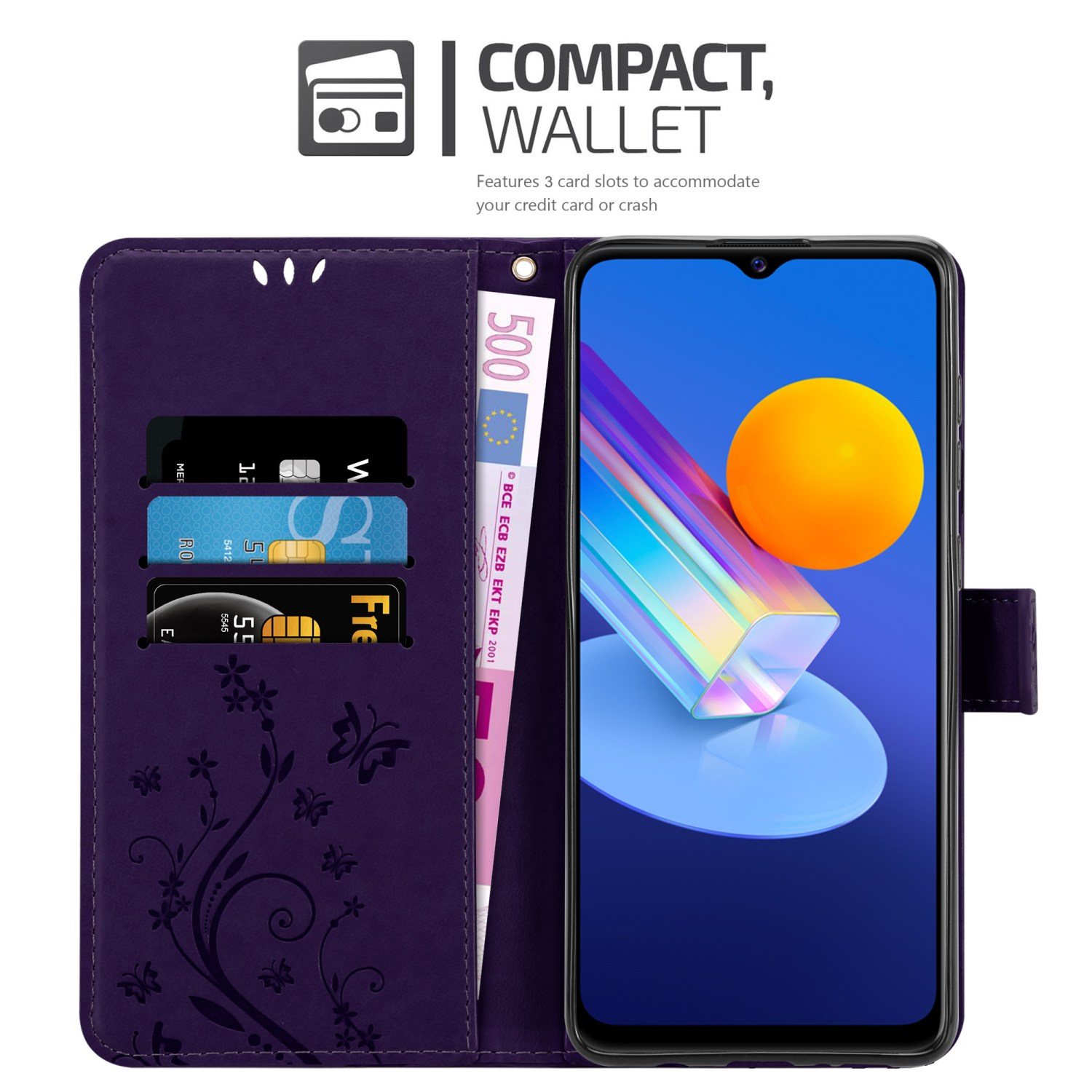 Una custodia per telefono viola con slot per carte e un telefono con sfondo arancione e blu.