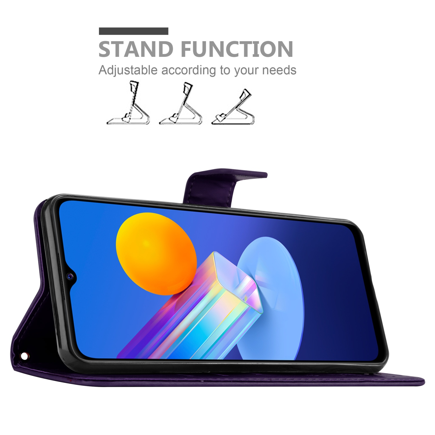 Custodia per telefono aperta in viola, che mostra lo schermo del telefono, con immagini della funzione stand.