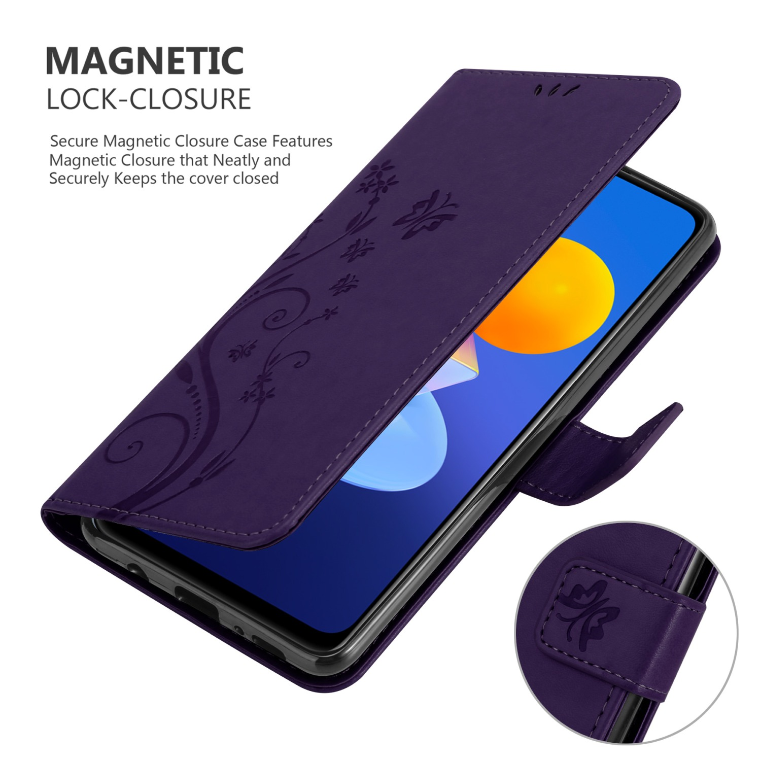 Custodia viola con design floreale, aperta per mostrare lo schermo.