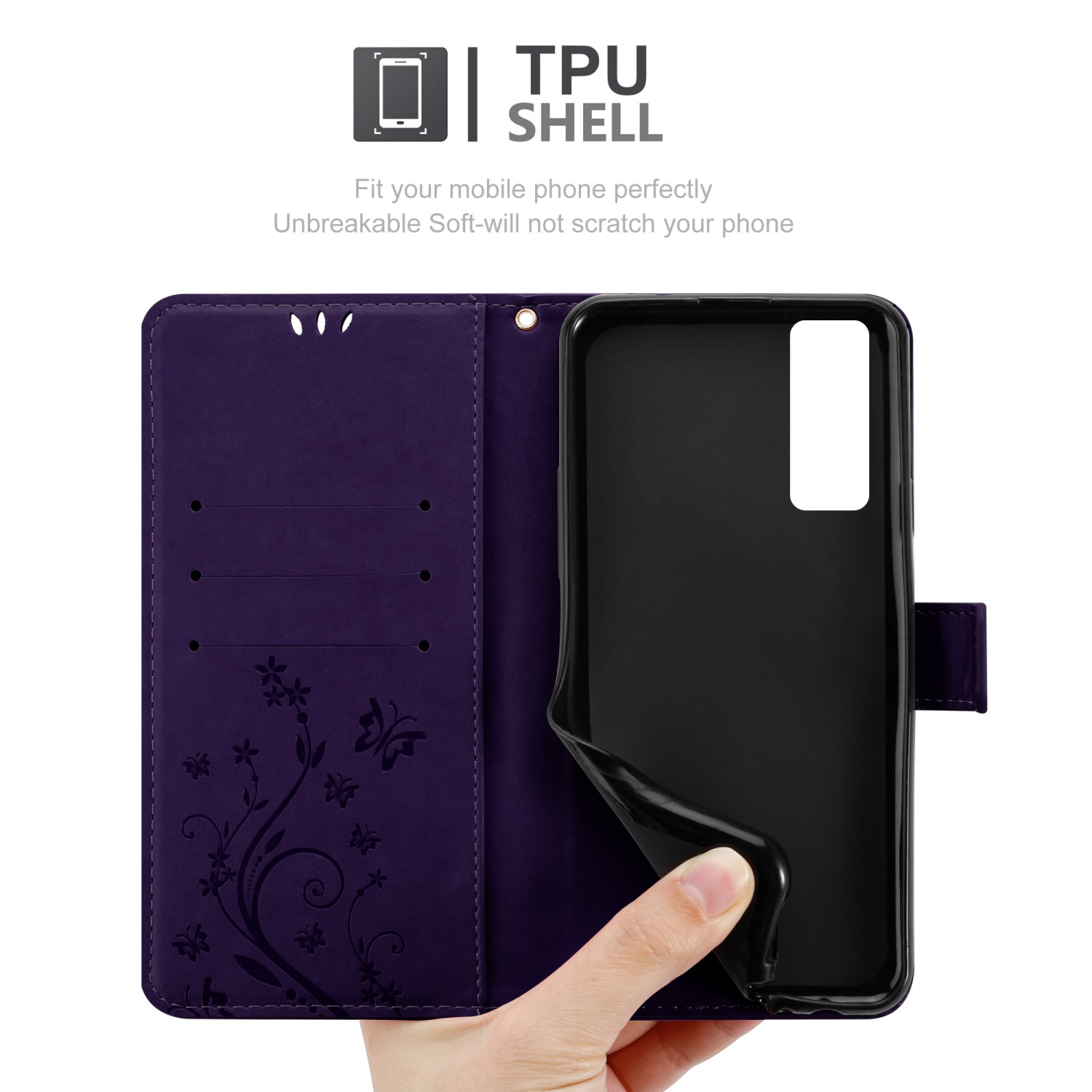 Una custodia per telefono viola, aperta, che mostra un telefono. Il testo dice "GUSCIO IN TPU".