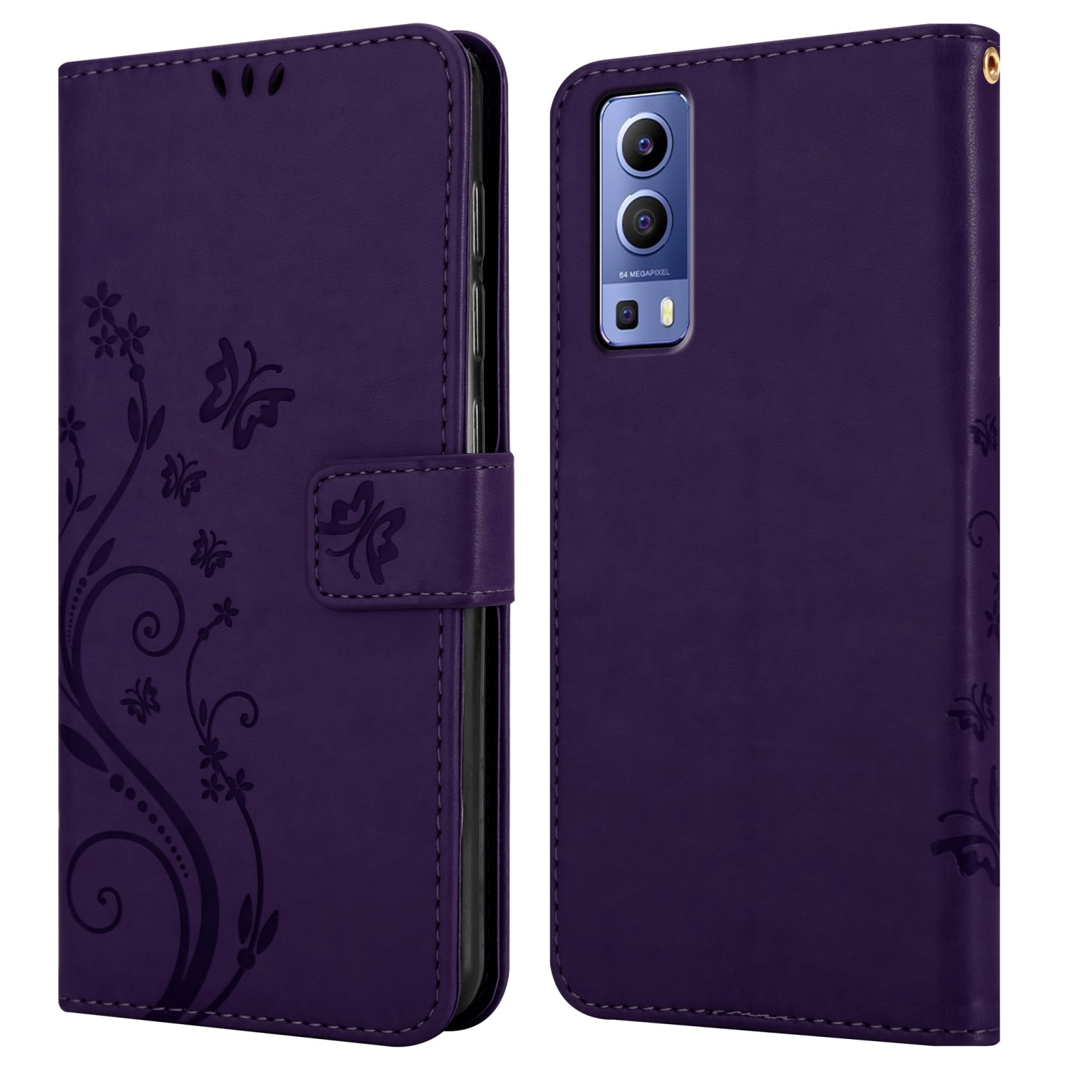 Una custodia per telefono viola con design a farfalla, aperta. Il telefono è visibile sul lato destro.