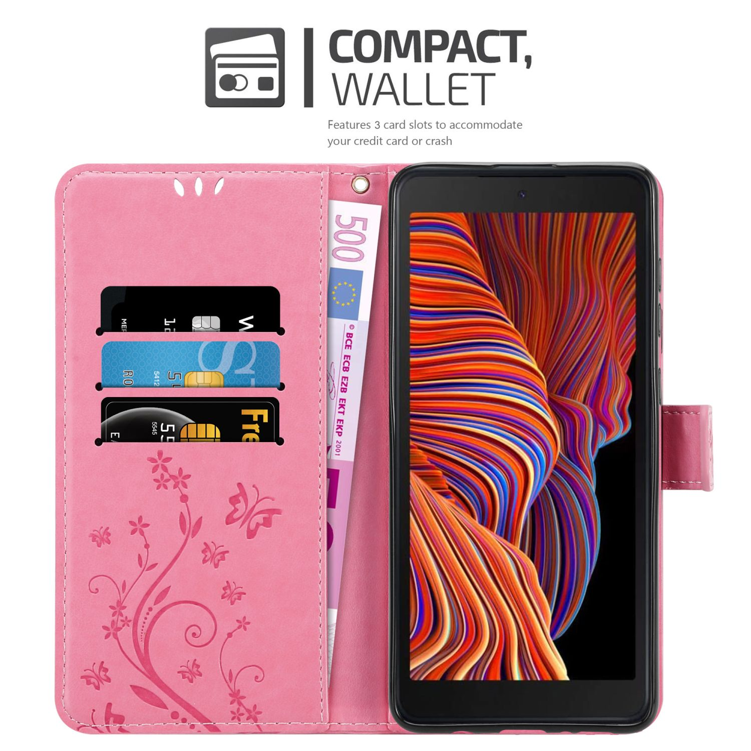 Custodia rosa per telefono, aperta, che mostra carte e denaro all'interno. Un telefono è visibile. Design floreale.
