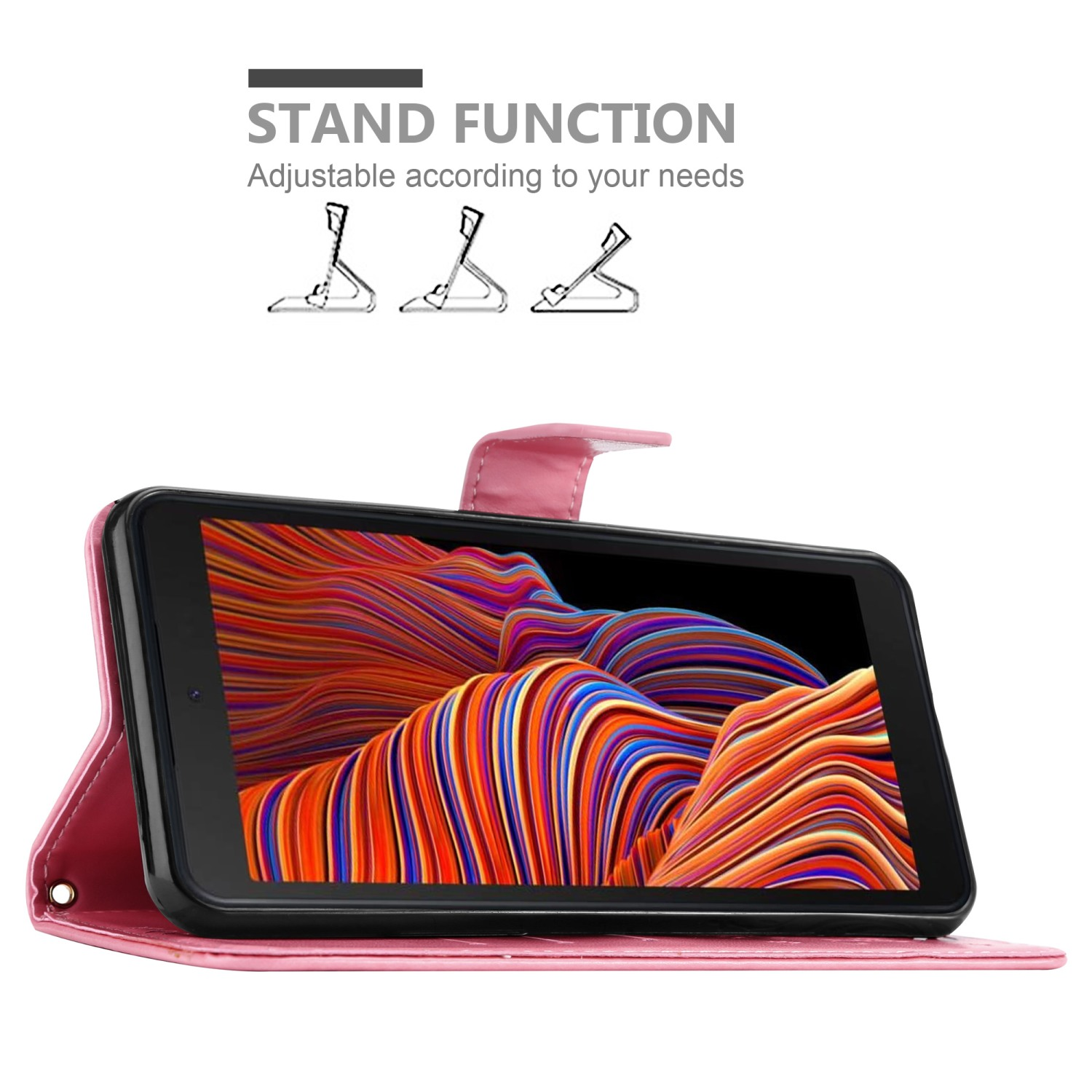 Custodia rosa per tablet aperta, che mostra un tablet, angolato, con funzione di supporto.