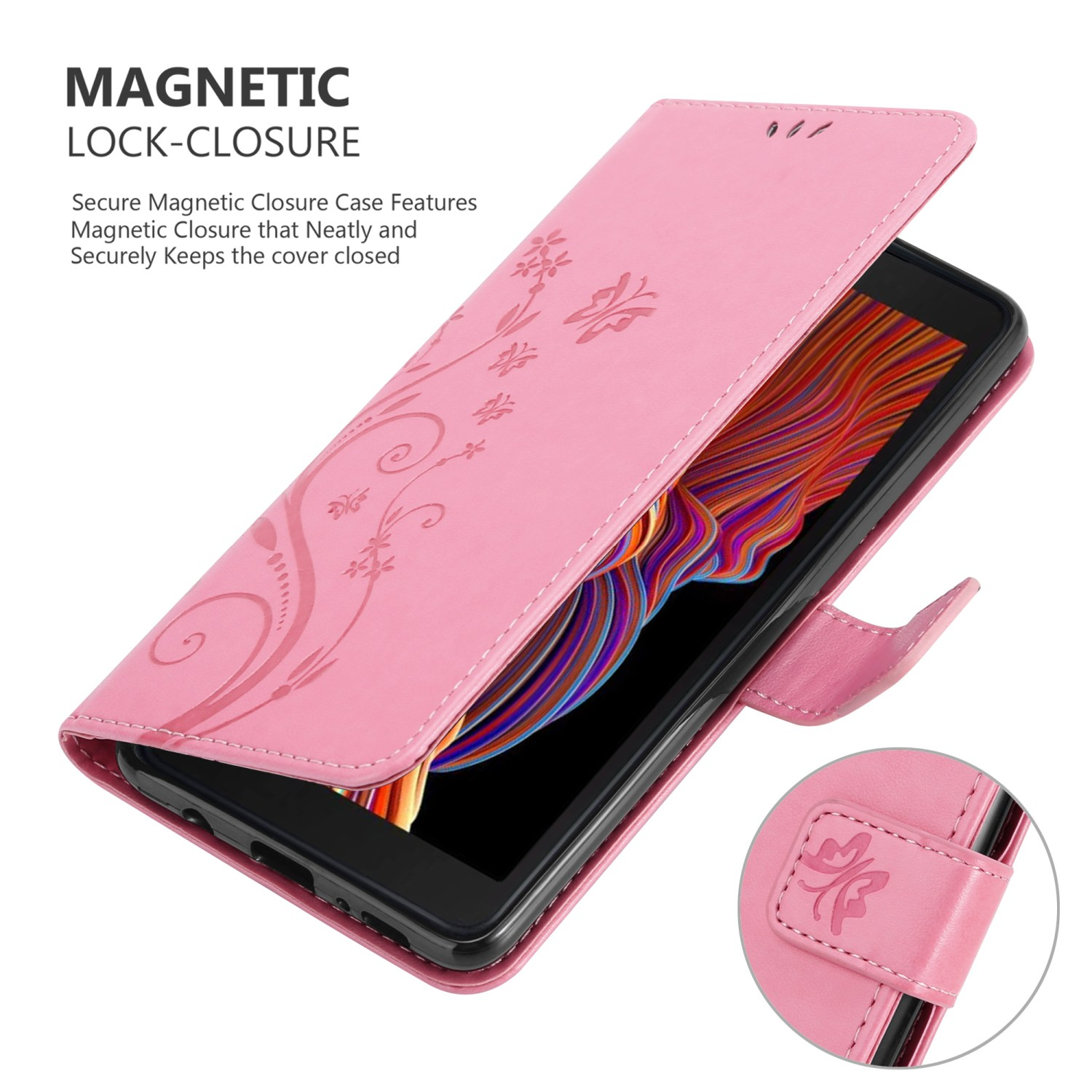 Custodia rosa aperta, mostra telefono con design floreale. Testo: chiusura magnetica. Sfondo bianco.