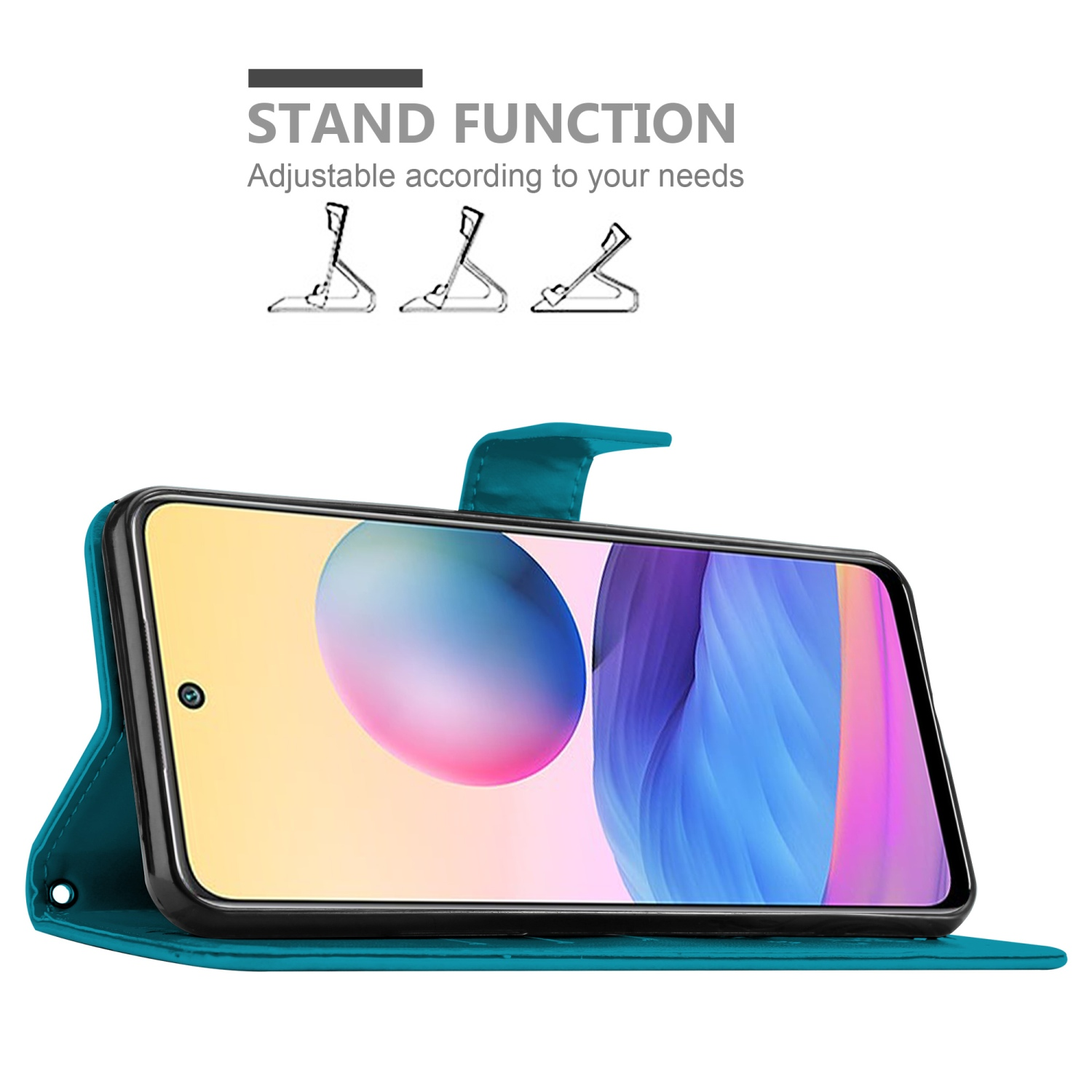 Telefono in una custodia verde acqua con funzione stand, con il testo 'STAND FUNCTION'.