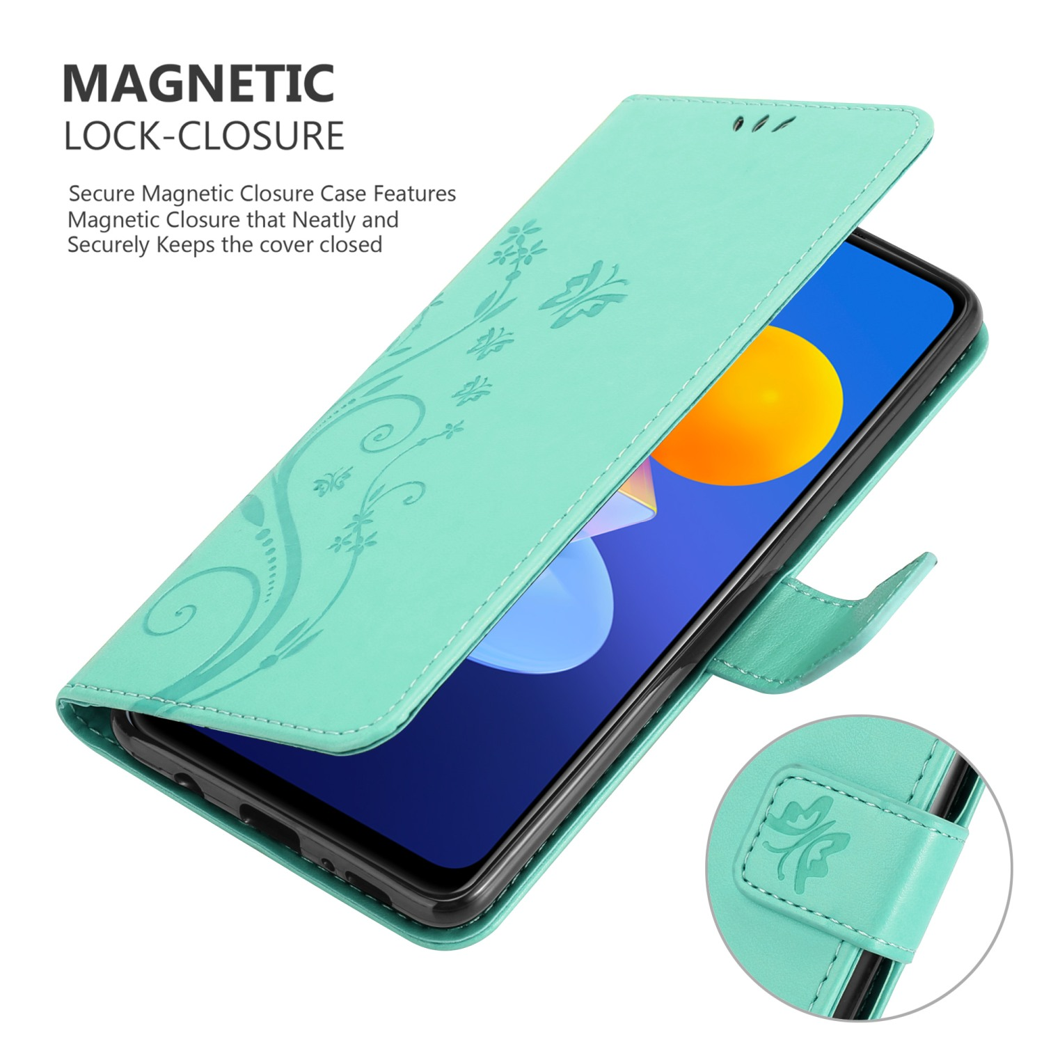 Una custodia per telefono verde acqua con un telefono. Ha un design floreale e una chiusura magnetica.