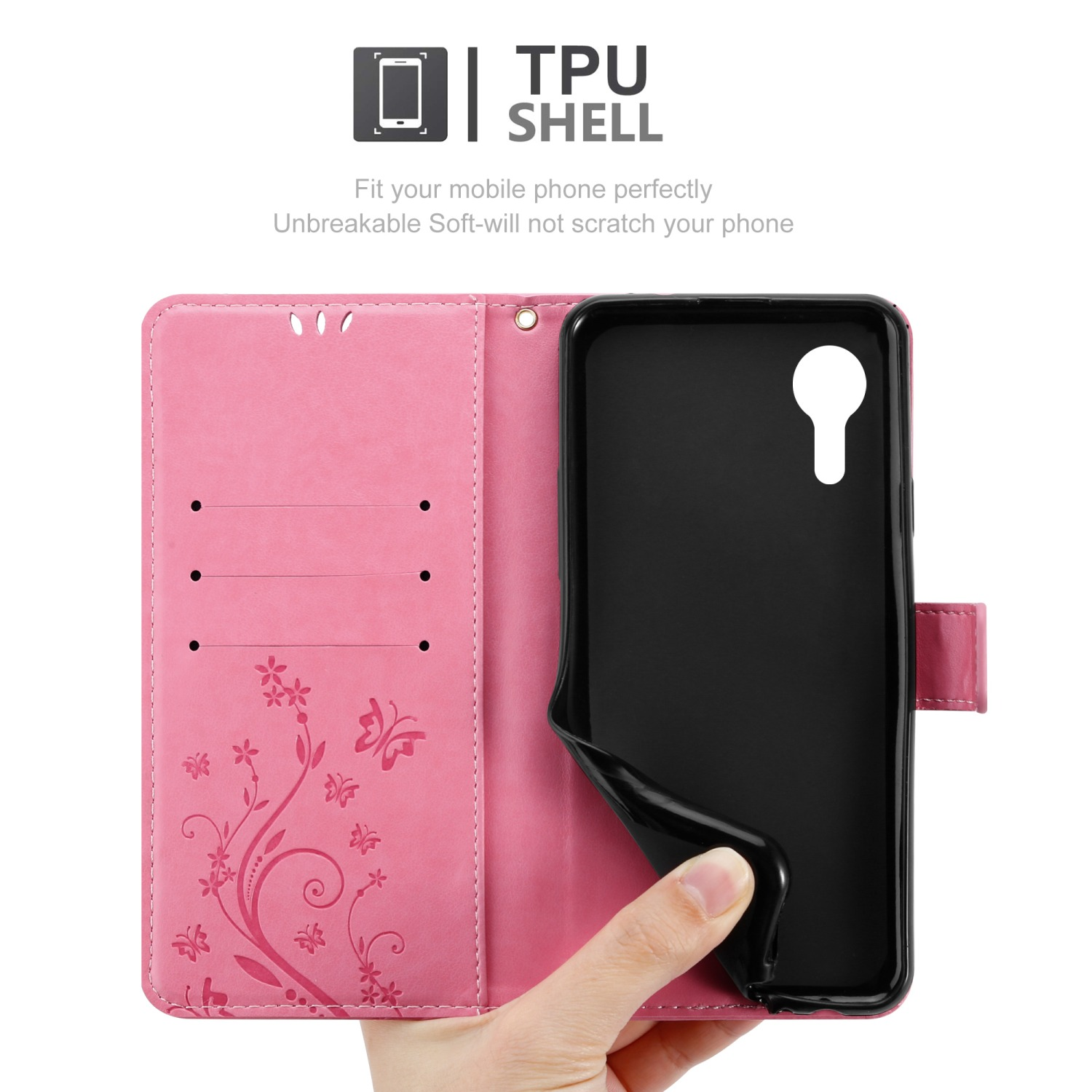 Custodia rosa aperta per rivelare un telefono nero. Una mano tiene il telefono, con design floreale.
