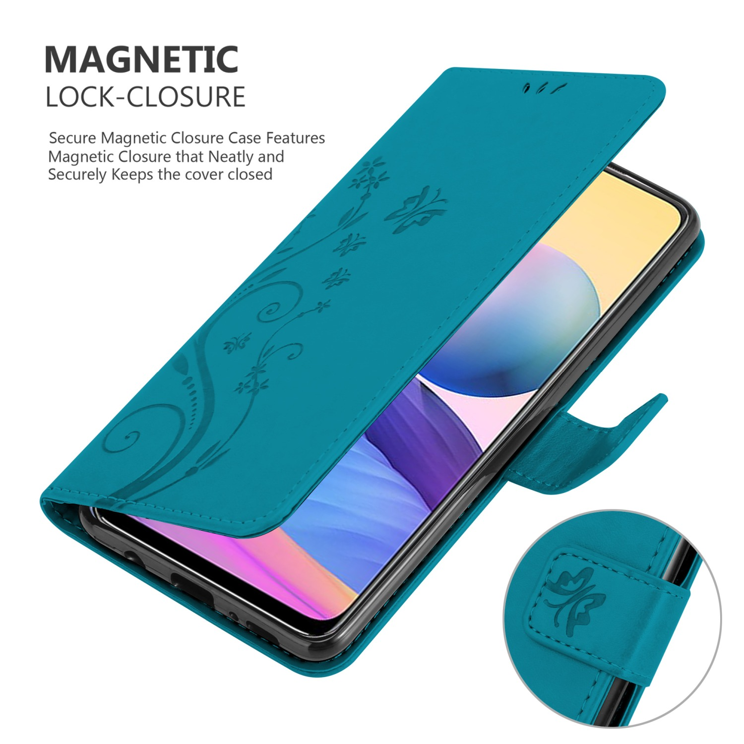 Custodia per telefono verde acqua, aperta, che rivela lo schermo di un telefono. Design floreale sulla cover, chiusura magnetica.