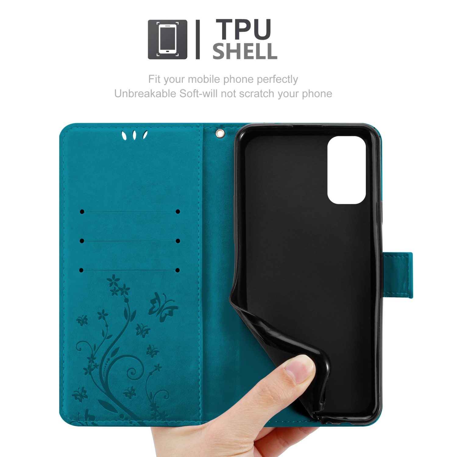Custodia per telefono turchese aperta, rivela telefono con schermo nero e fessura per carte. Fiori e farfalle.