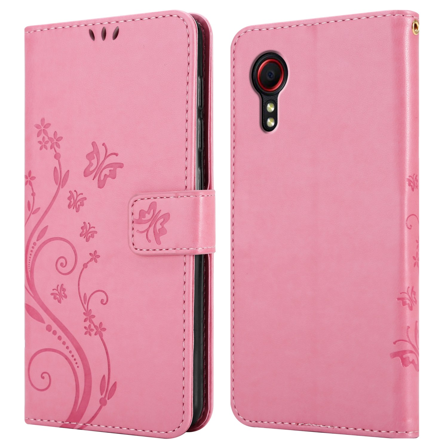 Due custodie per telefono rosa, aperte. Design floreale e fotocamera del telefono visibile. Le custodie sono aperte.
