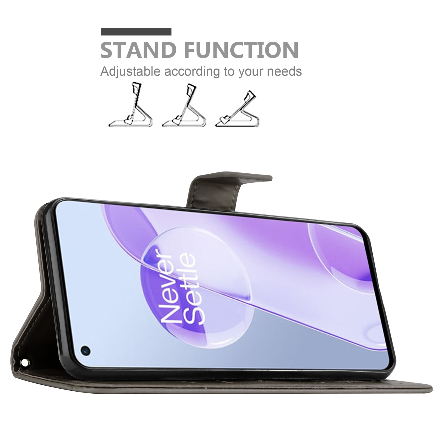 Custodia aperta, schermo del telefono visibile, mostra un telefono con schermo viola. Funzione supporto.