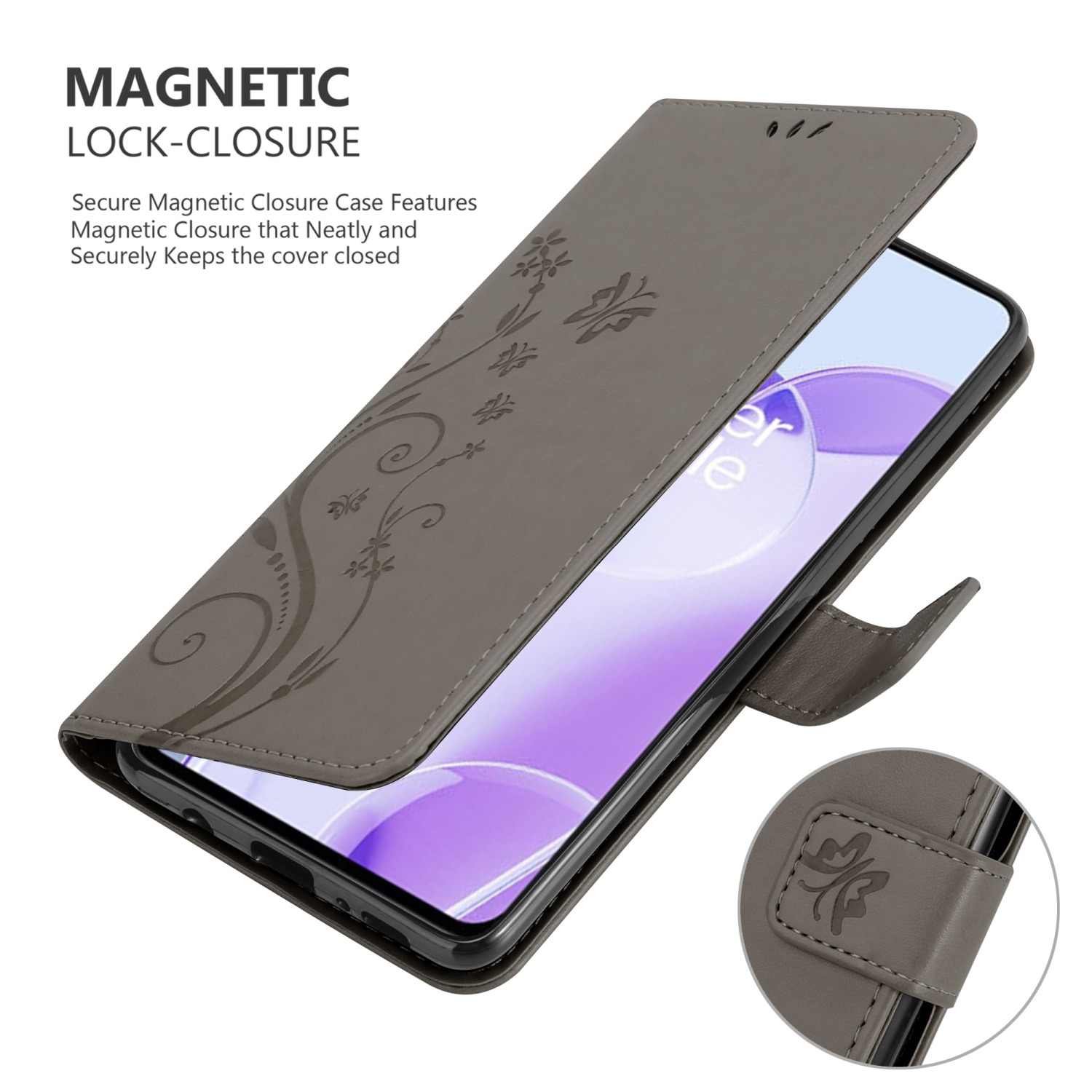 Custodia grigia per telefono con design floreale. La custodia è aperta, mostrando lo schermo del telefono. Testo CHIUSURA MAGNETICA visibile.