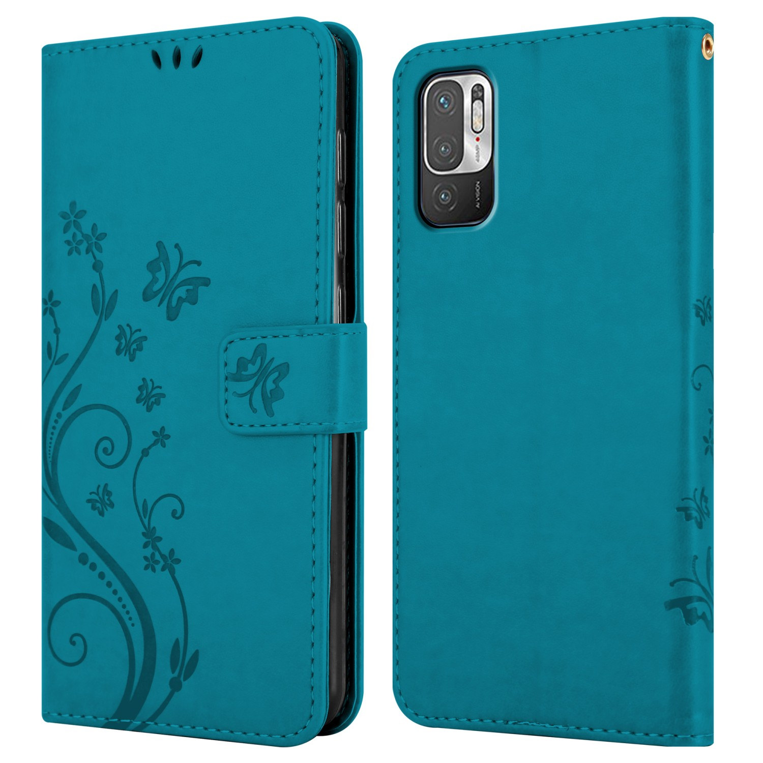 Custodia per telefono verde acqua con design floreale. Mostrando la parte anteriore e posteriore della custodia.