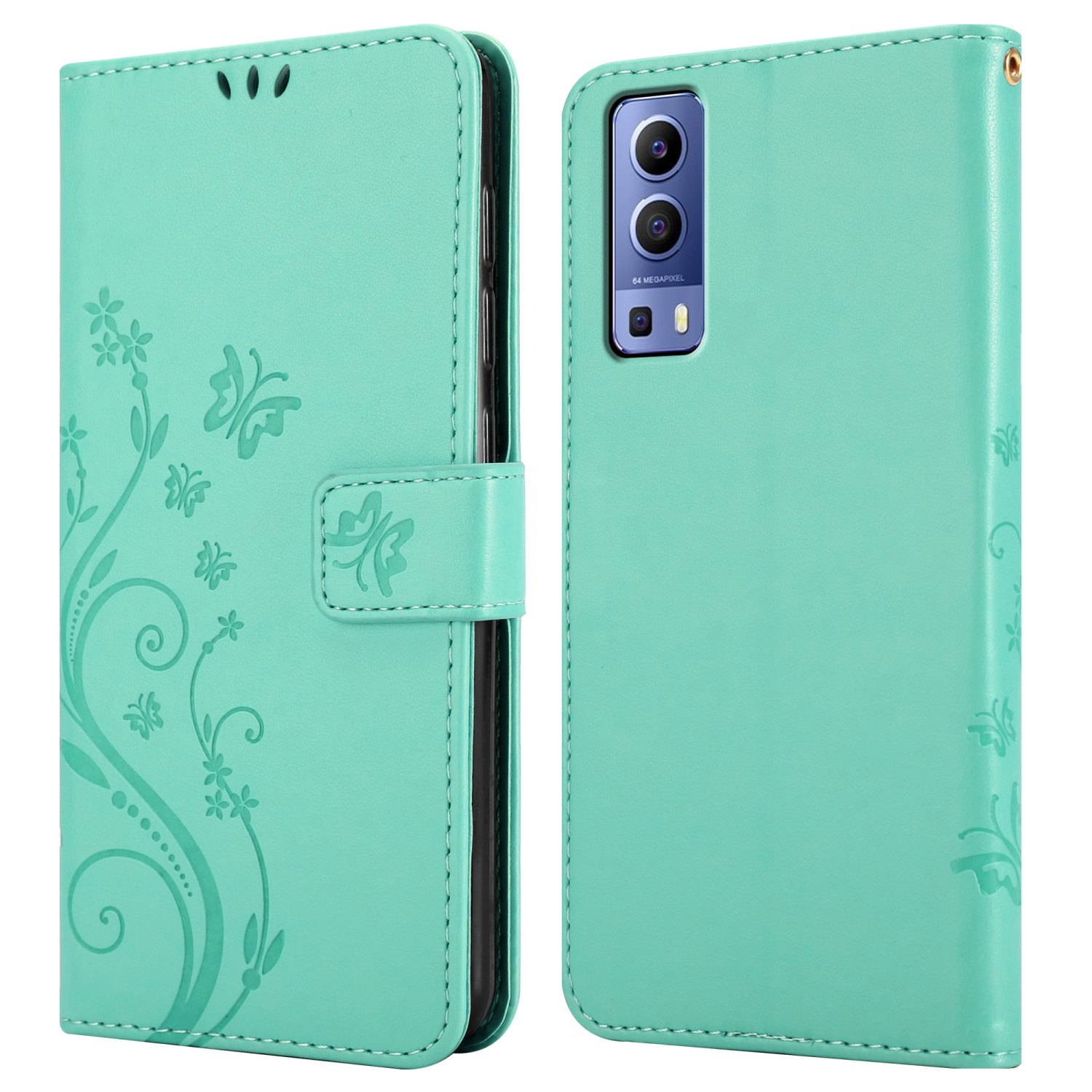 Una custodia per telefono verde acqua con design a farfalle e fiori e chiusura magnetica, aperta per mostrare il telefono.