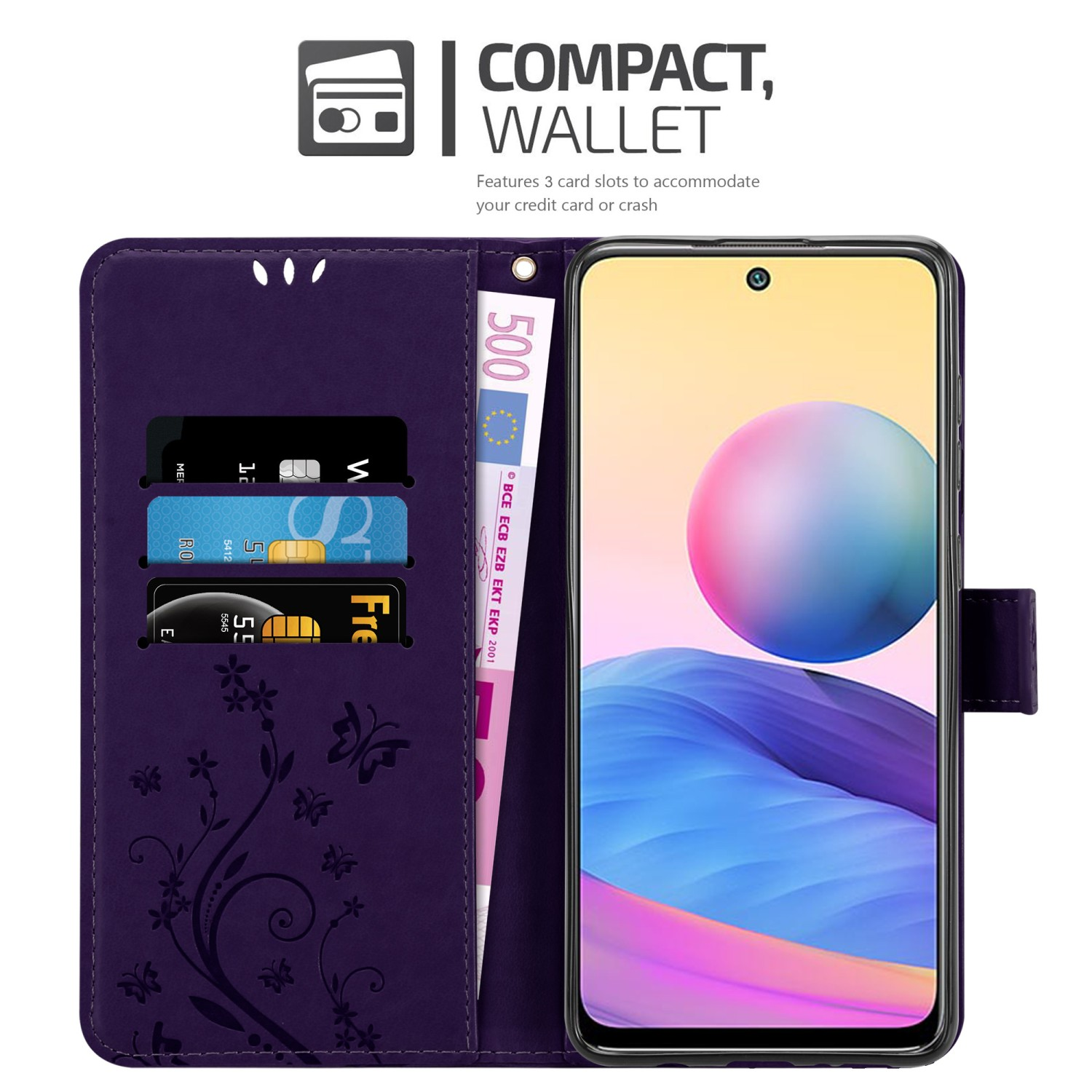 Custodia per telefono viola con funzione portafoglio, carte di credito e schermo dello smartphone.