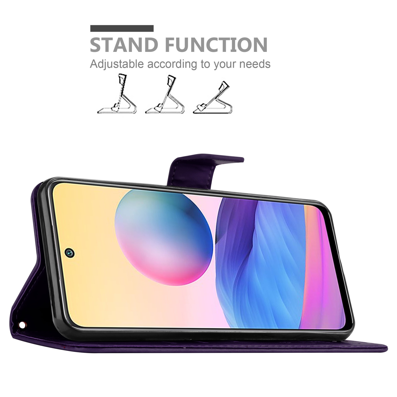 Telefono viola in una custodia viola. Testo: Funzione supporto. Regolabile in base alle tue esigenze. Vengono mostrate tre opzioni.
