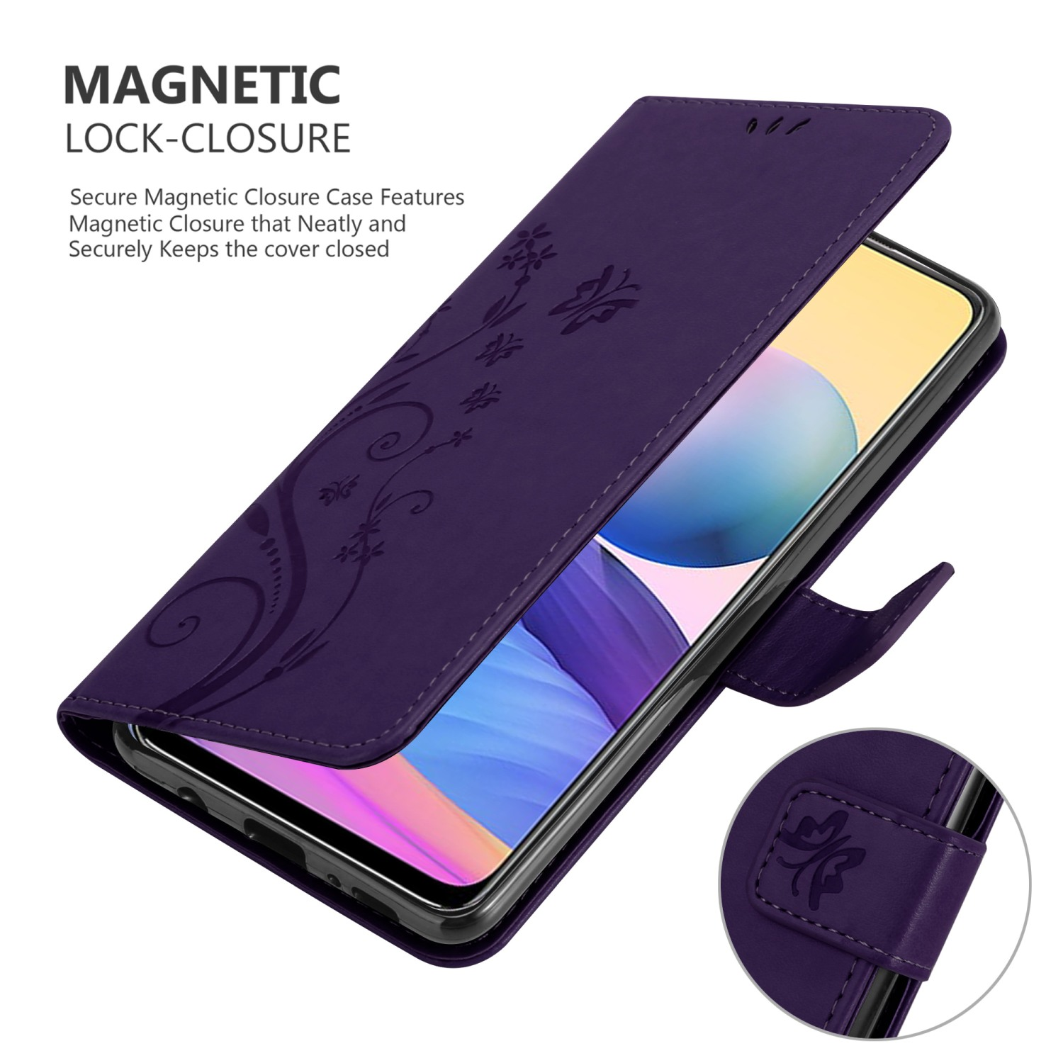 Custodia per telefono viola con design floreale, chiusura magnetica, parzialmente aperta, rivelando lo schermo del telefono.