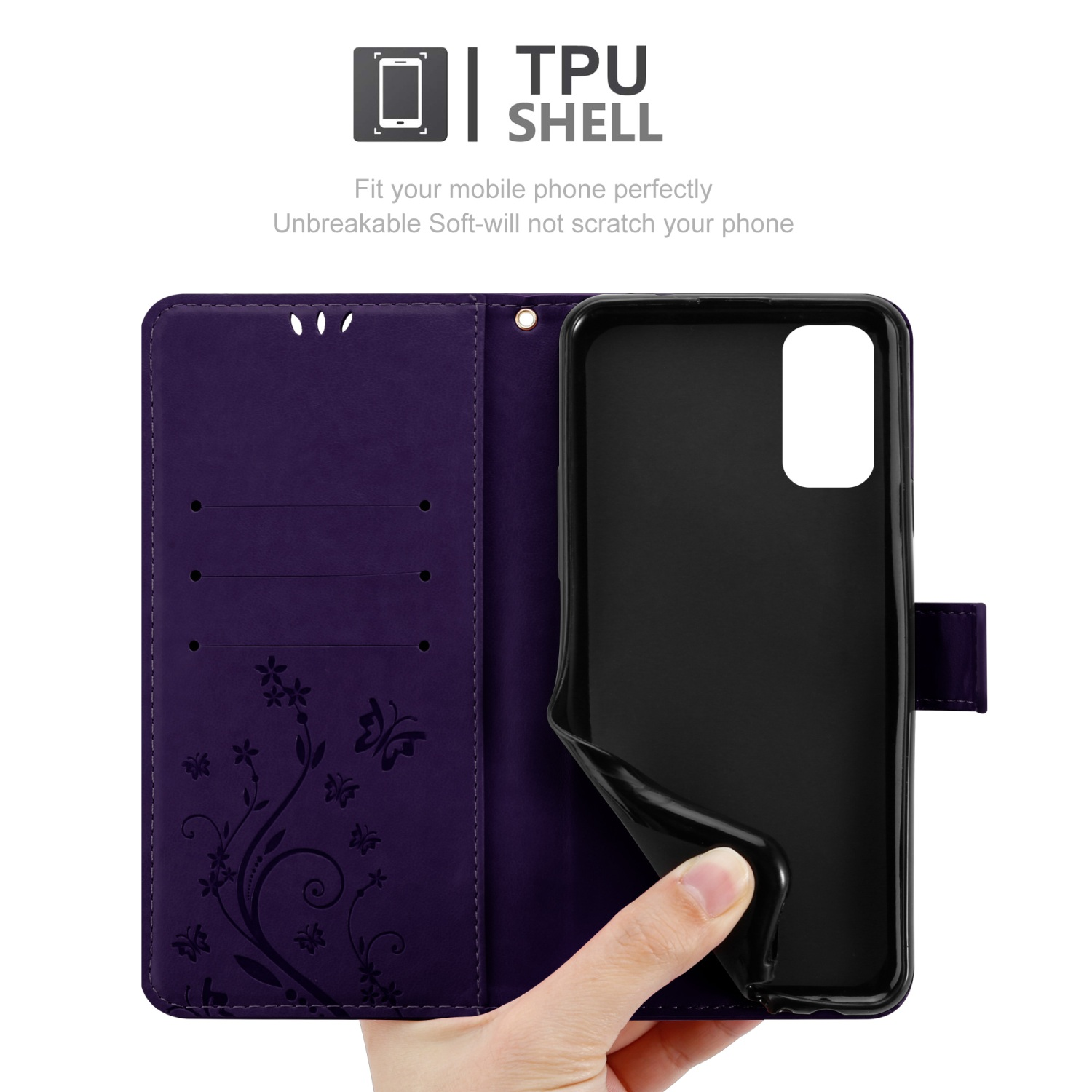Custodia viola, aperta, che mostra il telefono. Testo sulla scocca in TPU.