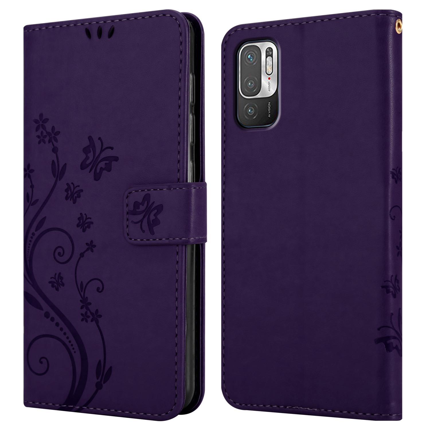 Custodia per telefono viola con design floreale, aperta per rivelare il telefono. Presenta una fotocamera.