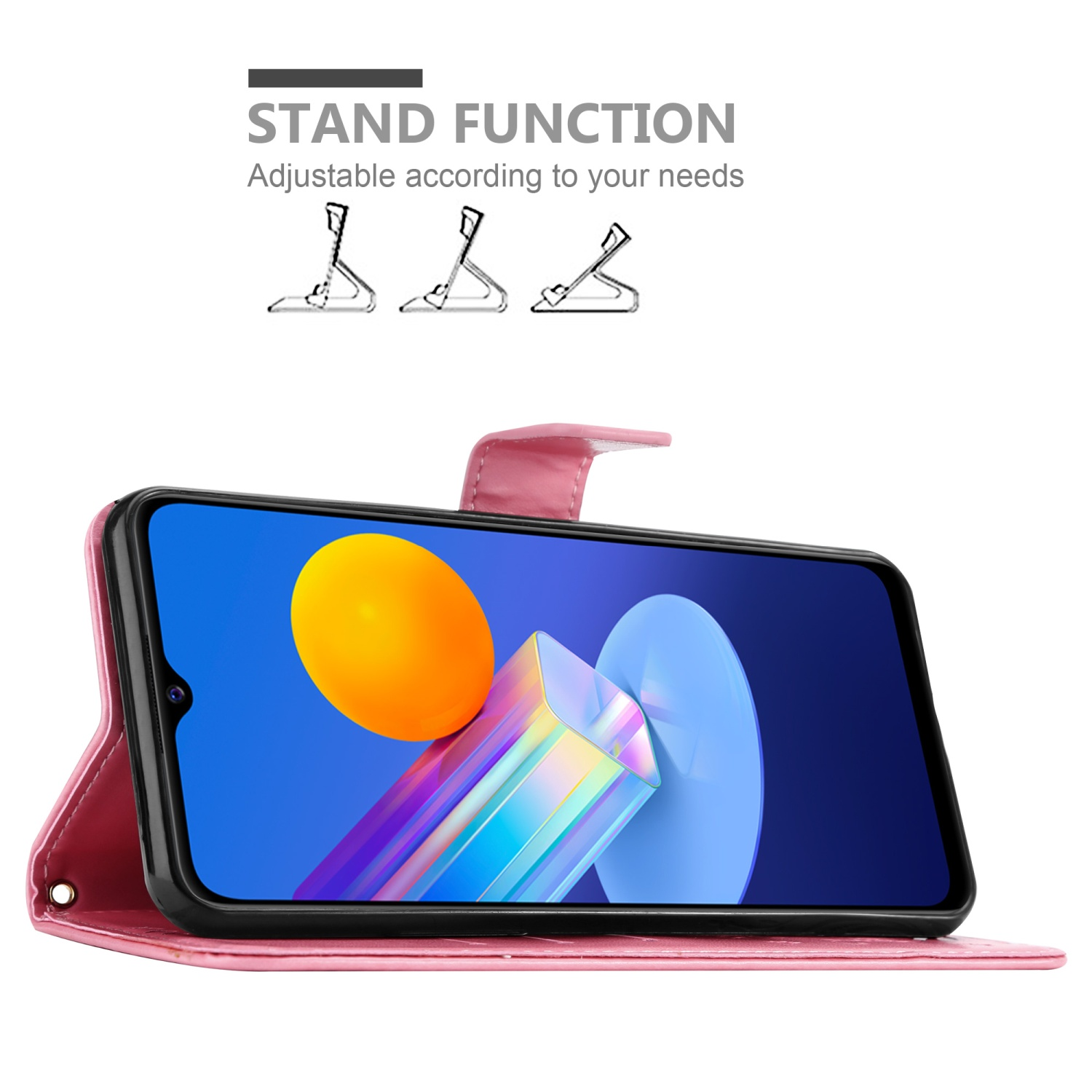 Custodia rosa per telefono con funzione stand, che mostra il telefono e i dettagli dello stand.