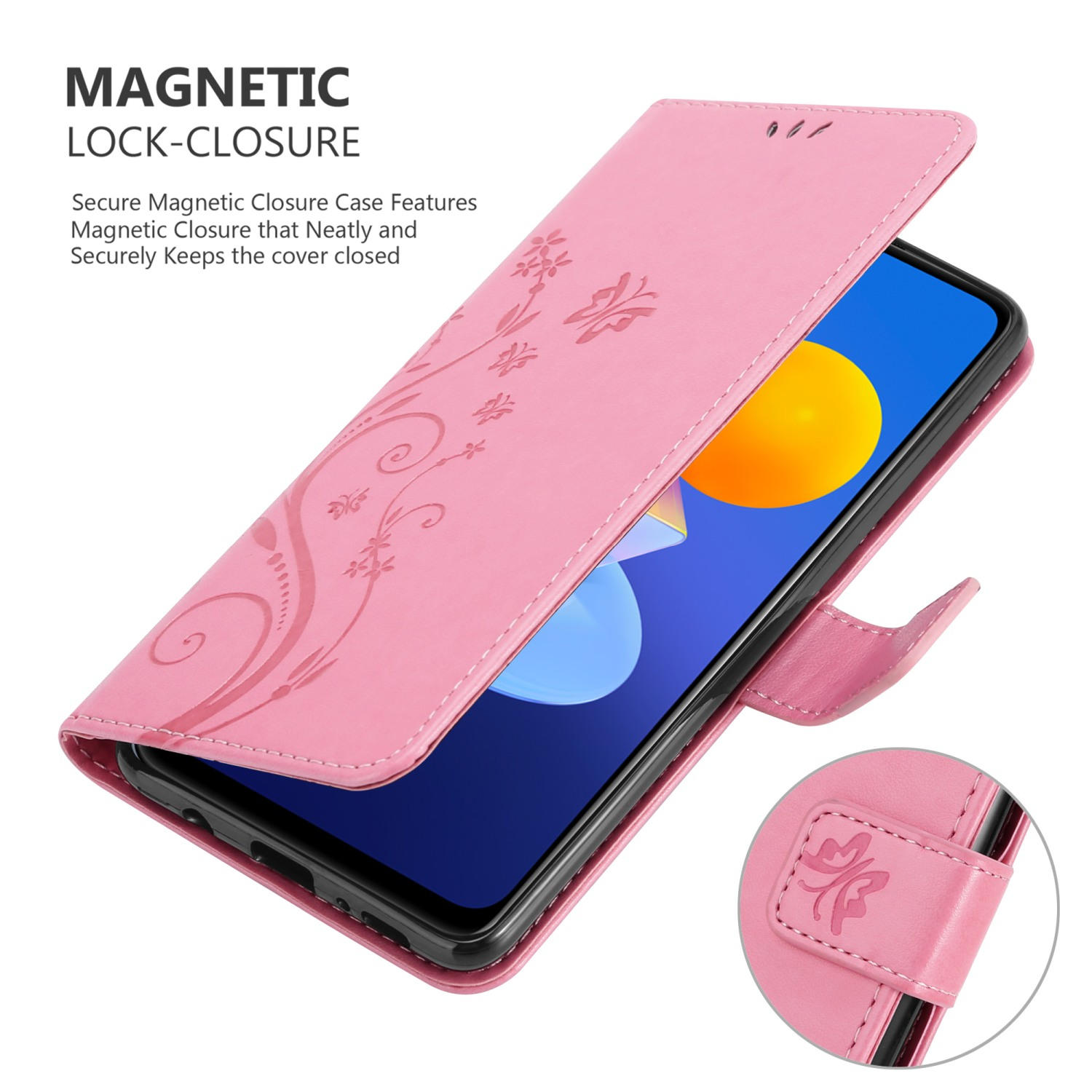 Custodia per telefono rosa con design floreale. La custodia è aperta, che mostra un telefono. Custodia rosa su sfondo bianco.