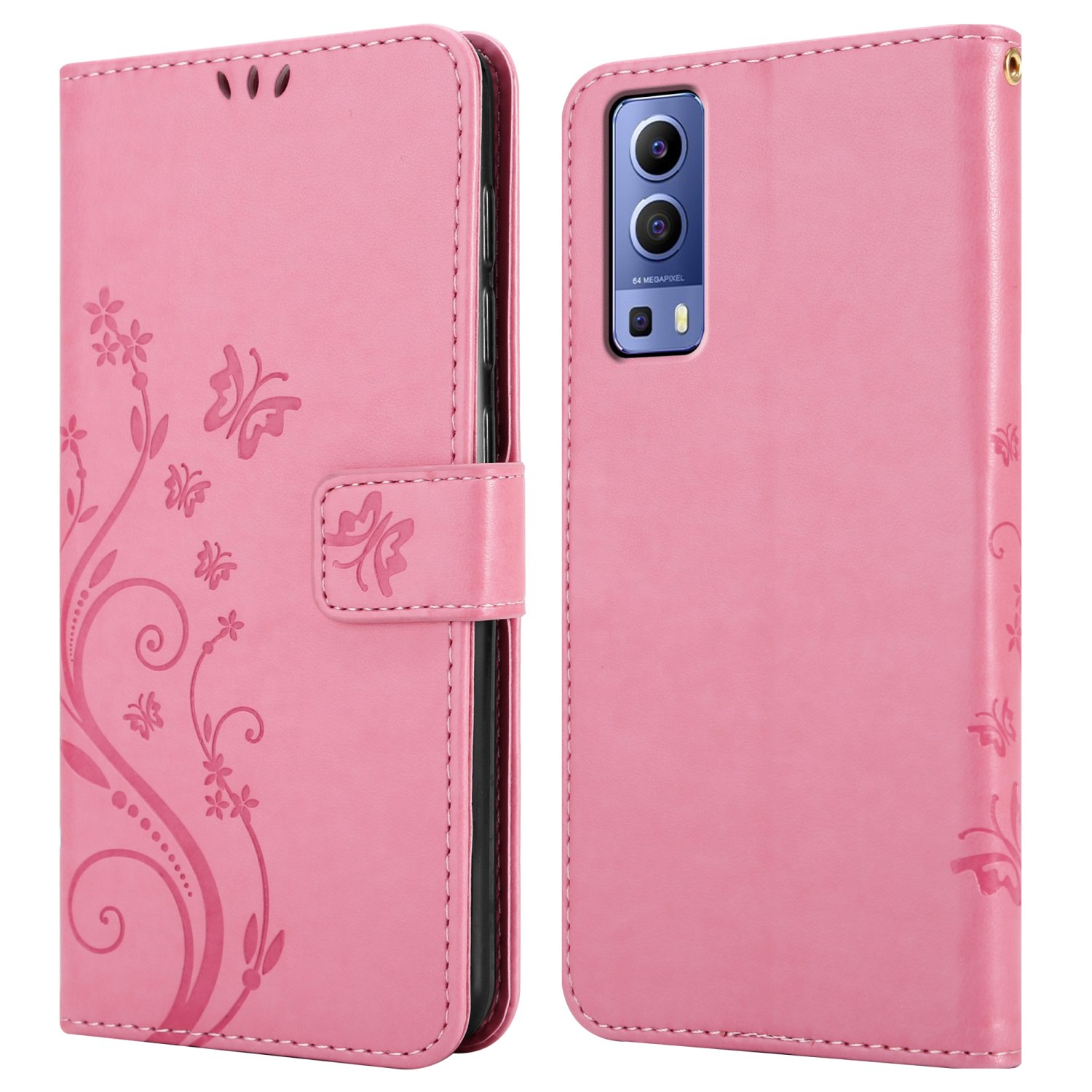 Custodia rosa per telefono aperta, che mostra un telefono. Fiori e farfalle visibili.
