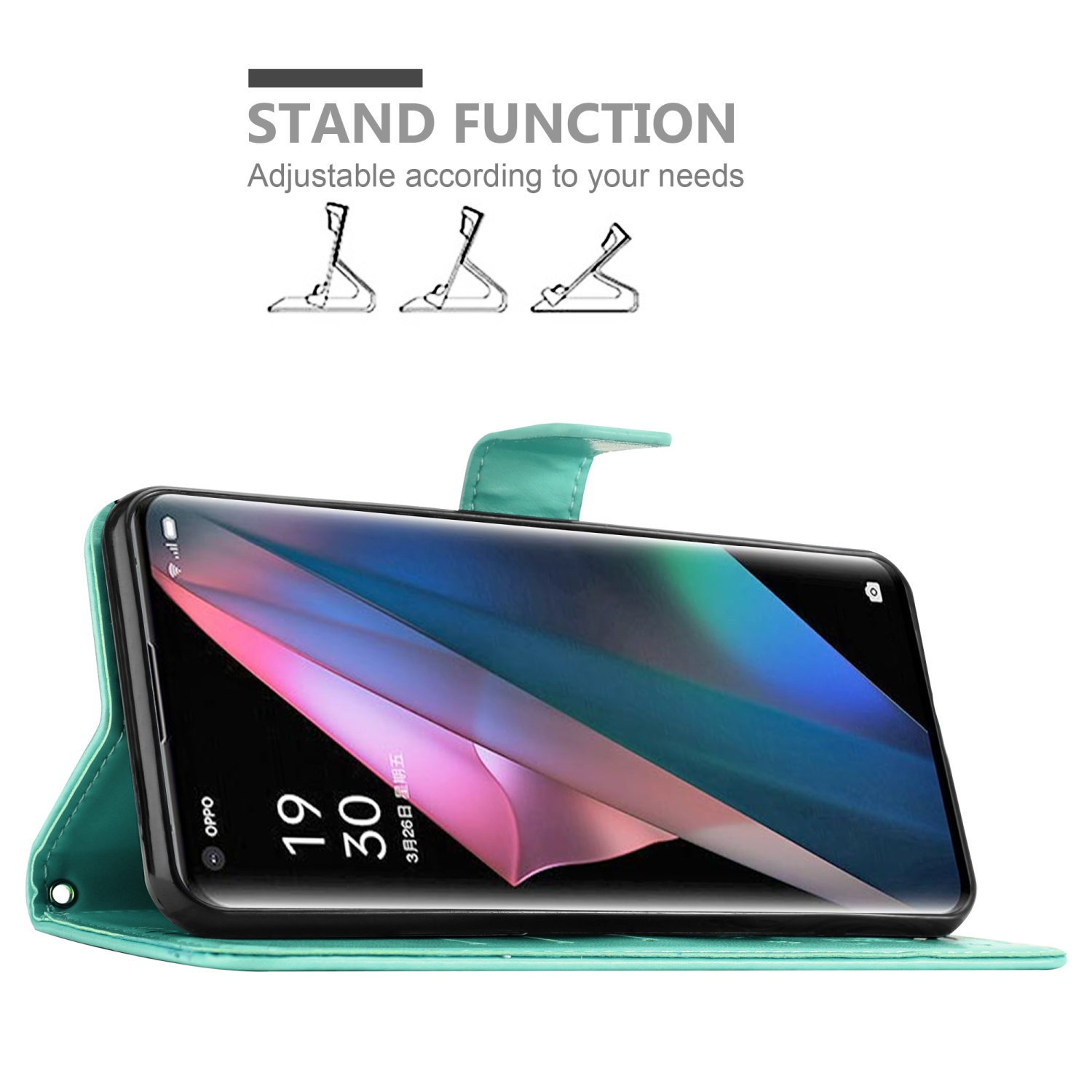 Custodia per telefono verde acqua con un telefono, che mostra le opzioni di supporto.