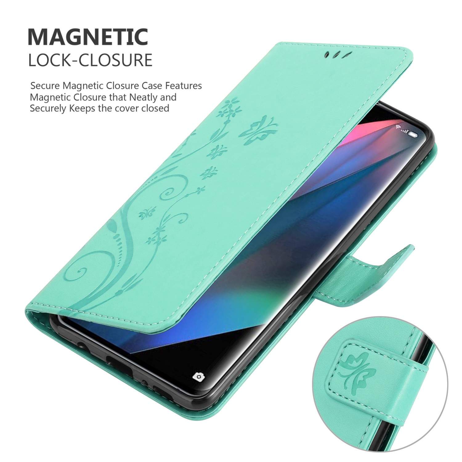 Custodia per telefono verde menta con design floreale, aperta, telefono all'interno e chiusura magnetica.