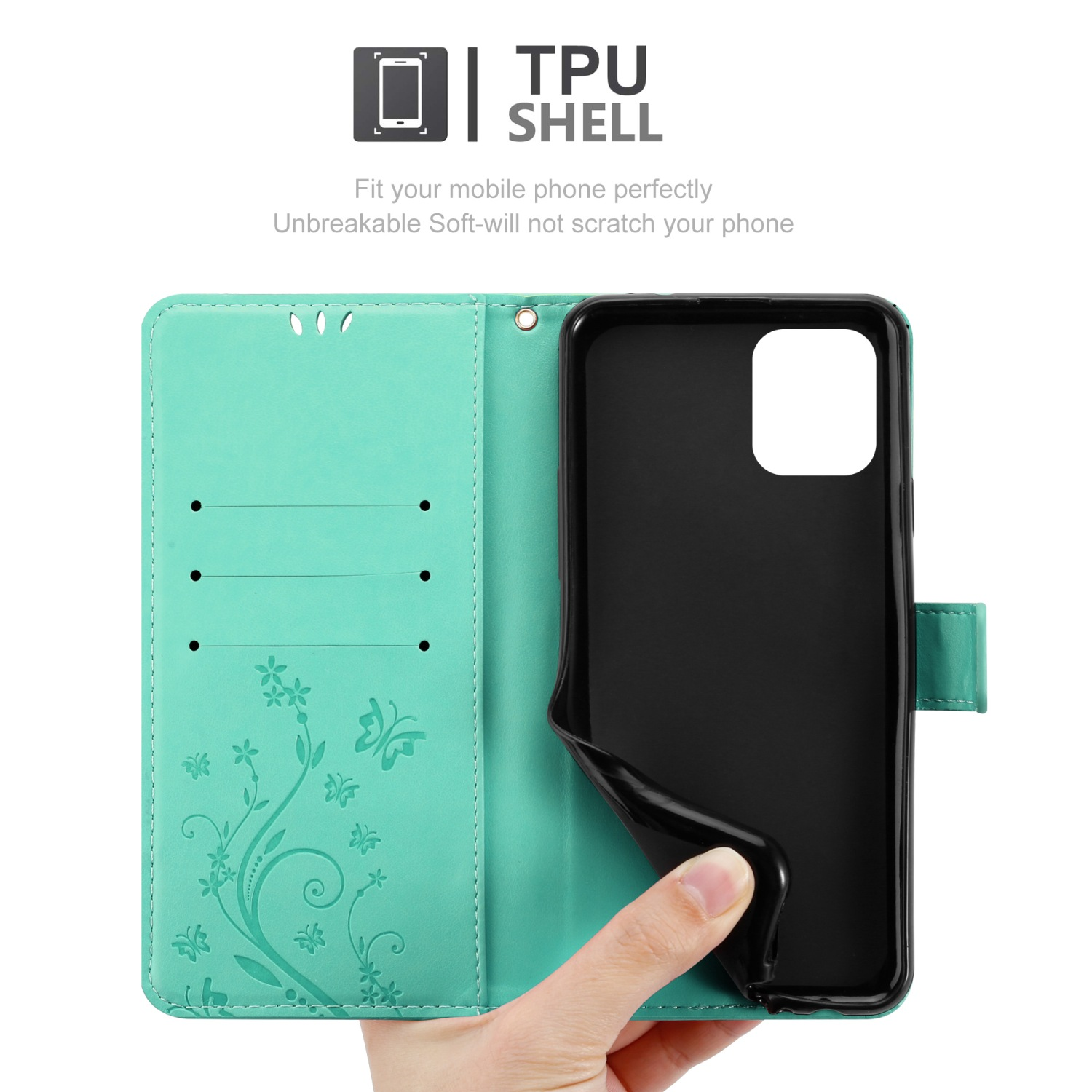 Una mano che tiene una custodia turchese per telefono con un telefono nero all'interno. Testo: Guscio in TPU.