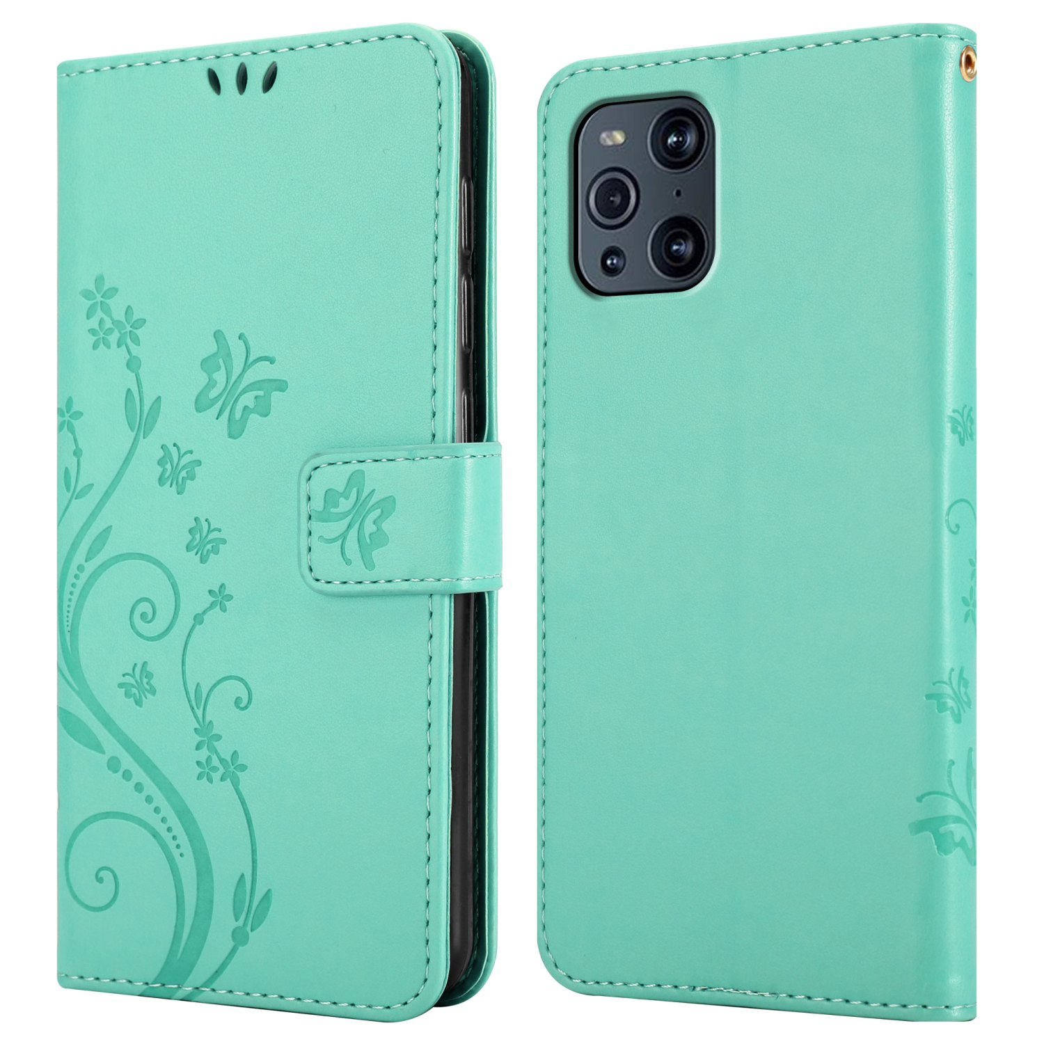 Una custodia per telefono color menta con un design a farfalla, aperta e che mostra il telefono.