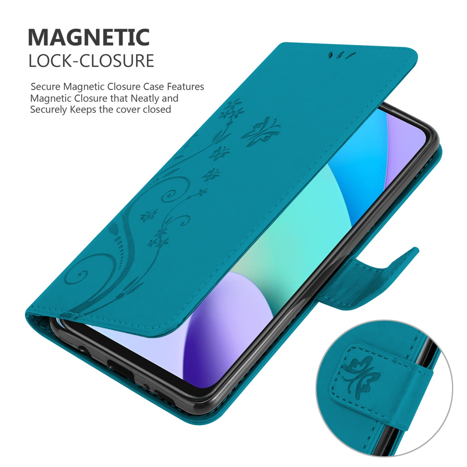 Custodia per telefono turchese con design floreale, aperta per rivelare un telefono. Chiusura magnetica.