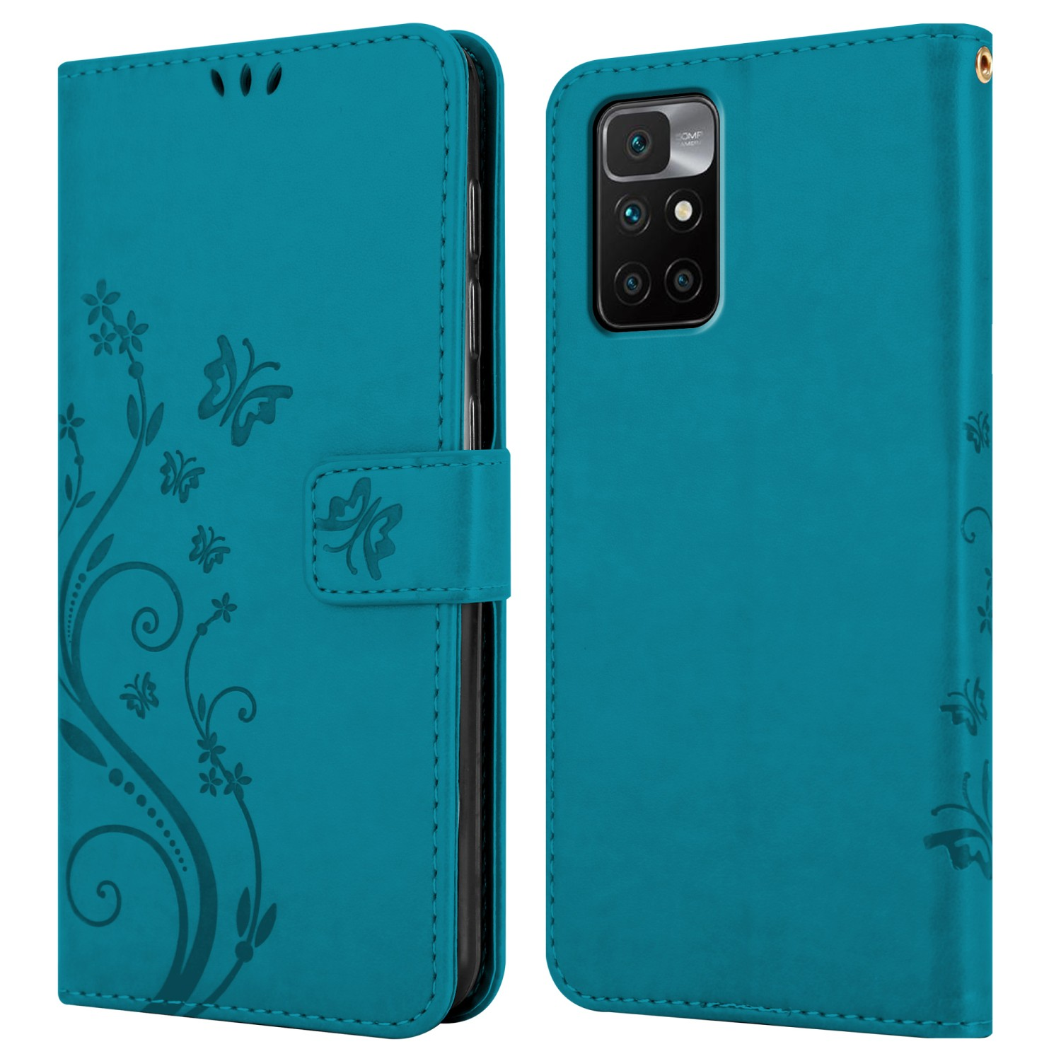Custodia turchese per telefono, aperta e chiusa, con design floreale e farfalle.