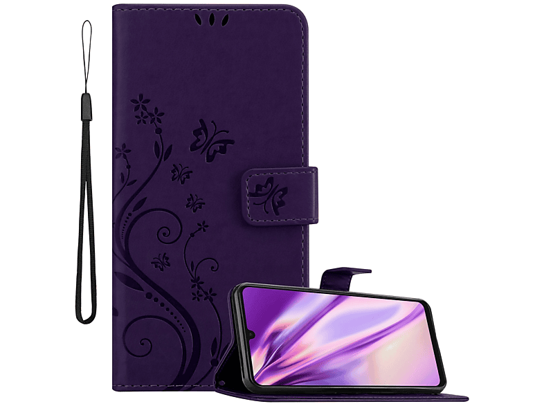 CADORABO Hülle Samsung, Galaxy Flower LILA A33 Case, FLORAL Bookcover, DUNKEL Muster 5G, Blumen