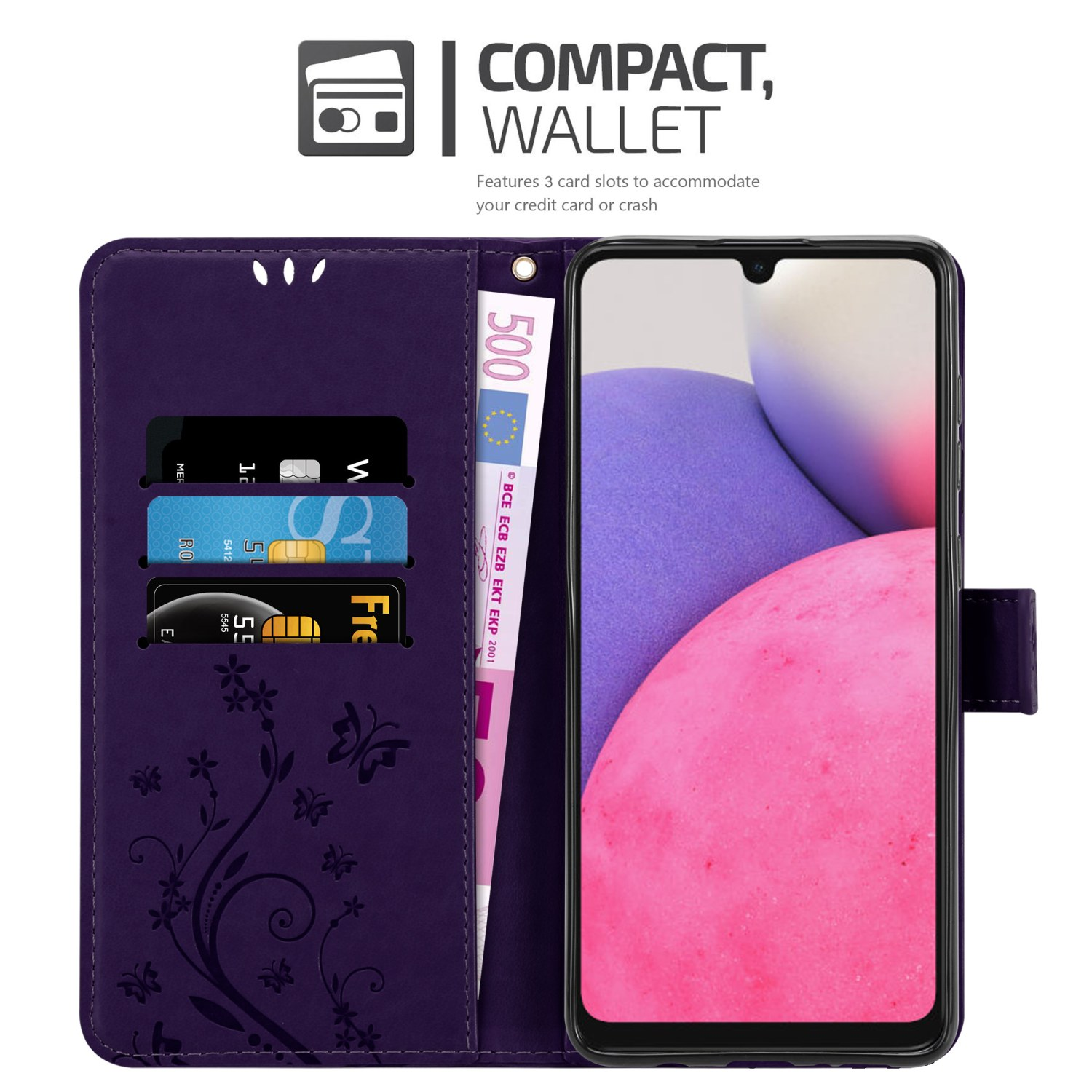 Custodia per telefono viola, aperta, con carte, denaro e uno smartphone all'interno.