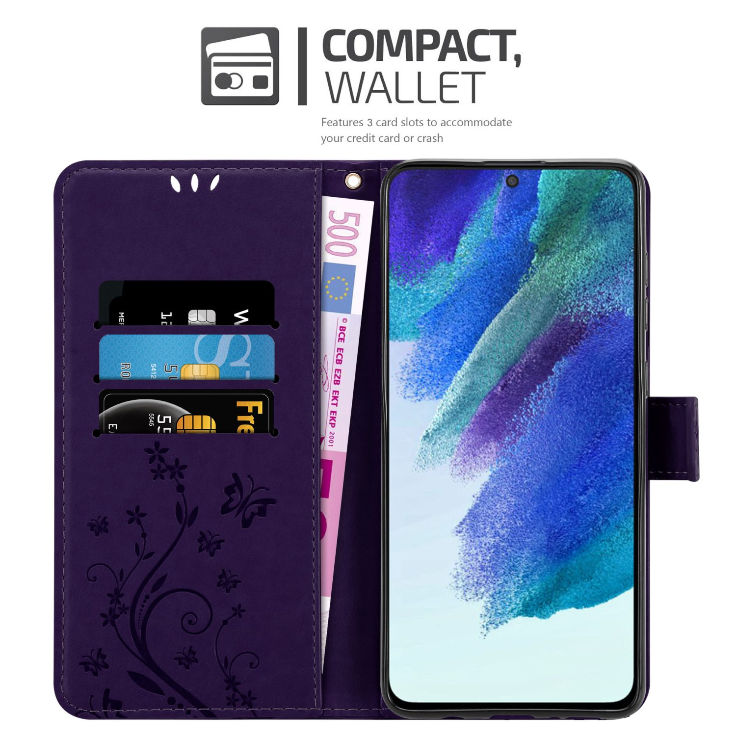Custodia per telefono viola, aperta con carte e denaro, telefono all'interno. Sfondo bianco.