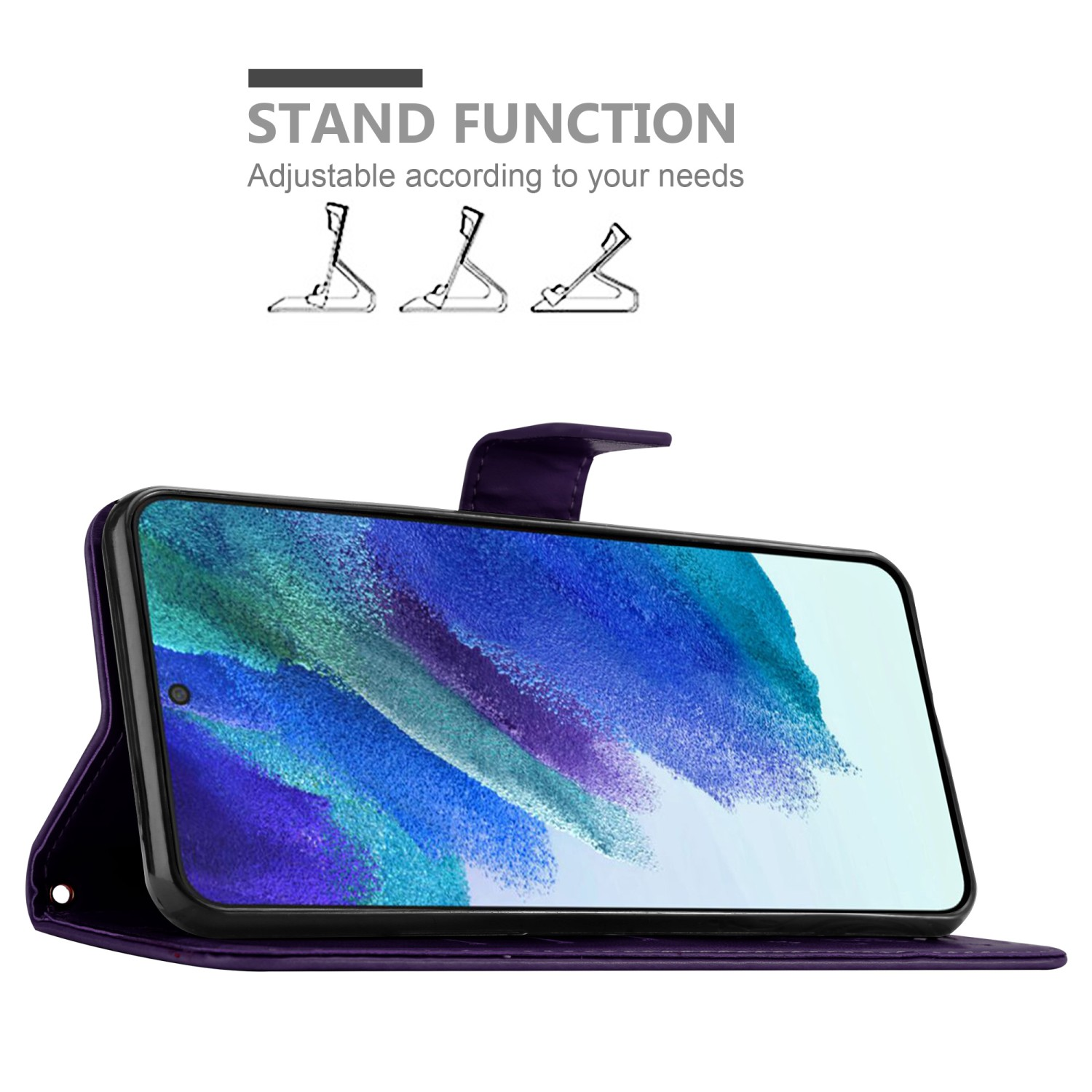 Custodia viola aperta, telefono in vista. Funzione stand con tre opzioni.