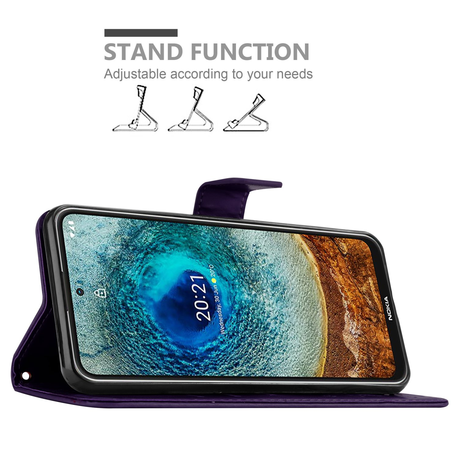 Étui de téléphone violet avec un téléphone à l'intérieur et fonction de support. Le téléphone affiche l'heure et la date.