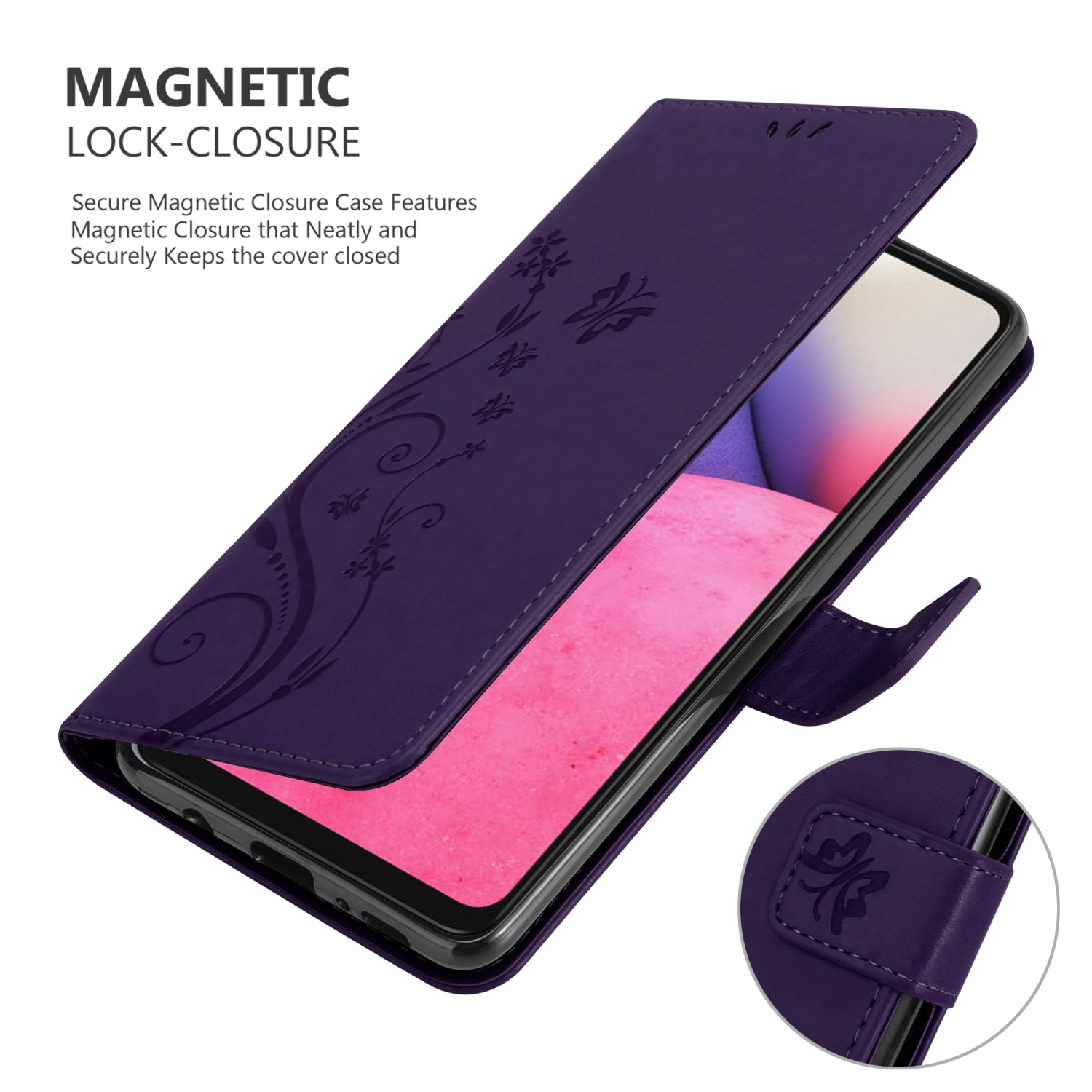 Una custodia per telefono viola con un design floreale, che mostra una funzione di chiusura magnetica.