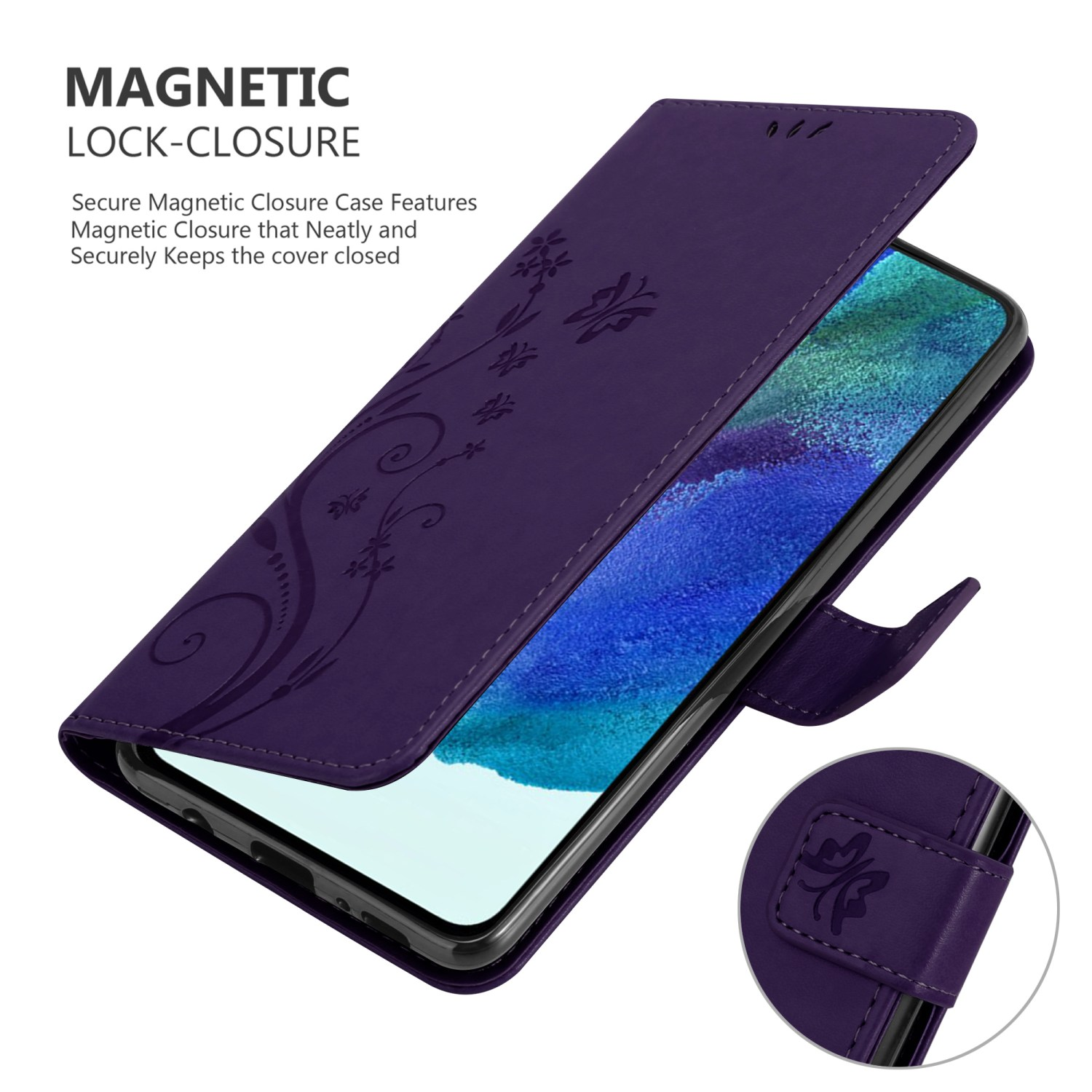 Custodia viola con design floreale, aperta per rivelare un telefono. Mostrata anche la chiusura magnetica.