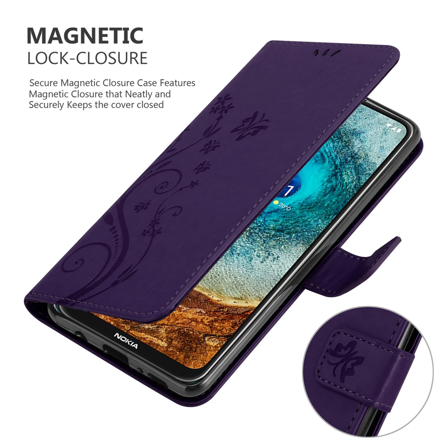 Un étui de téléphone violet, ouvert, montrant un téléphone avec un motif floral et le texte 'Magnetic Lock-Closure'.